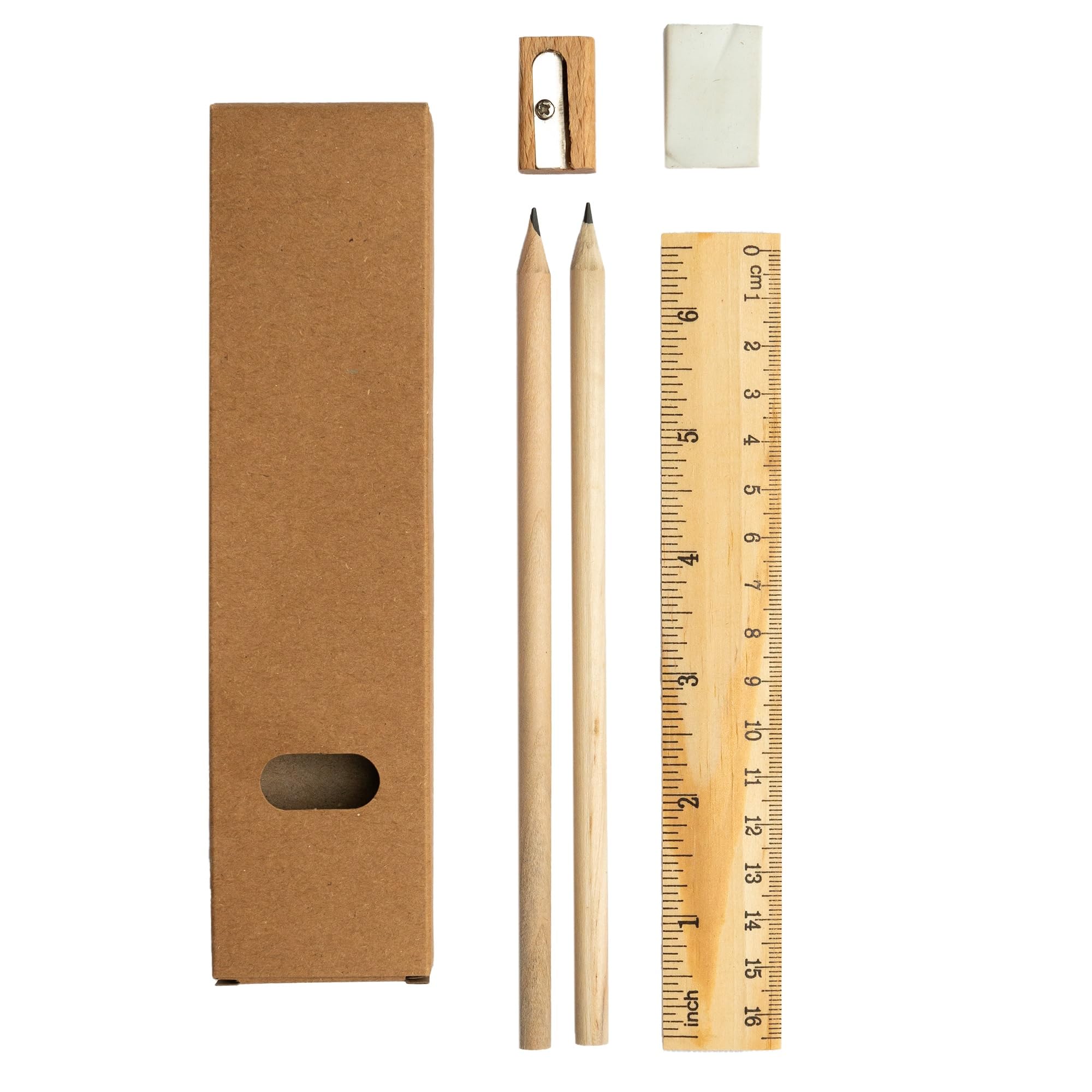 Chinchilla® Sustainable Wooden Desk Set: Eraser, Pencil Sharpener, Ruler & Pencils in Recycled Cardboard Packaging | Ideal School Accessories for Environmentally Conscious Kids
