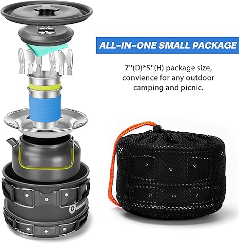 Miniatura 8 de Odoland Juego de 15 utensilios de cocina de campamento antiadherente ligero con tazas de acero inoxidable tenedores cuchillos cucharas para