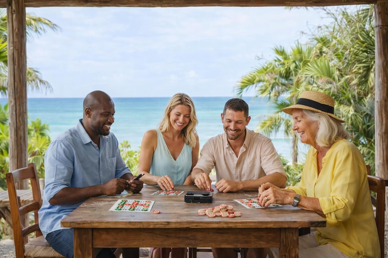 Dominican Bingo Game Set – 48 Large Cards & 75 Wooden Chips – Classic Caribbean Bingo for Adults, Family Game Night, Parties & Group Play Box
