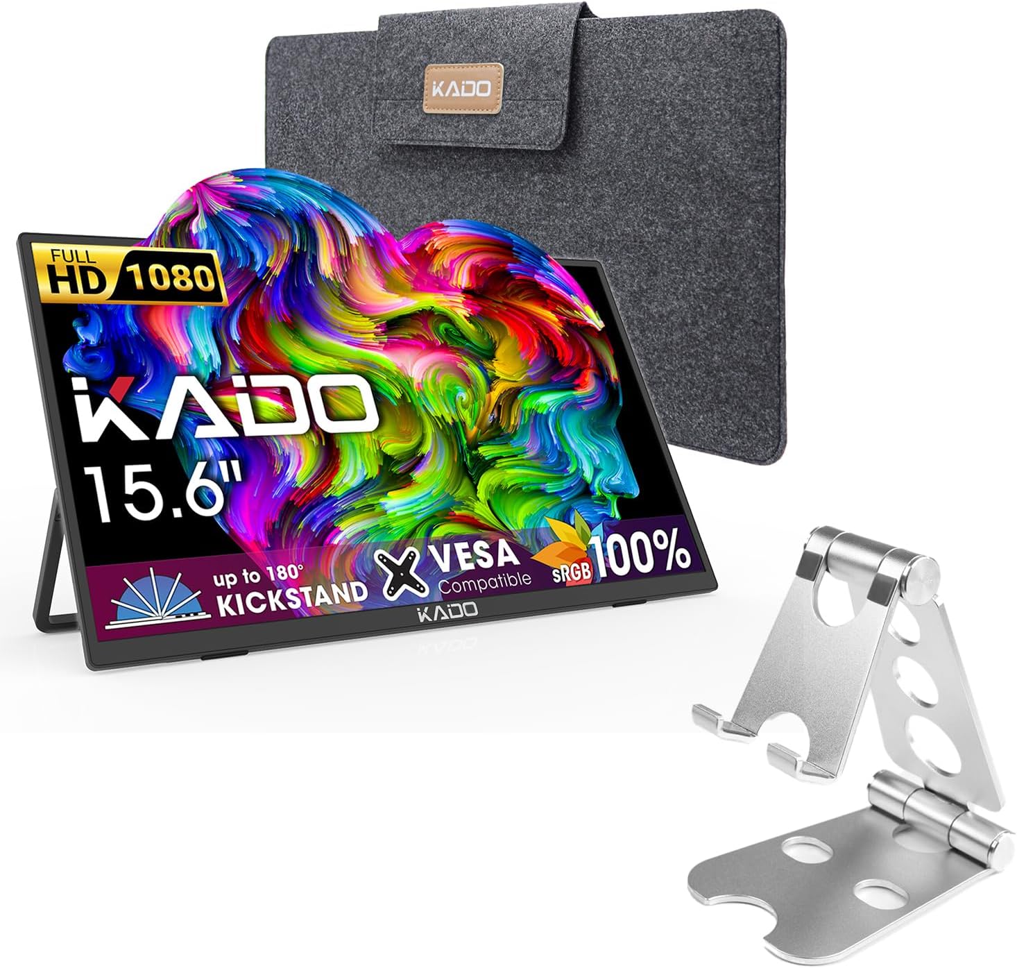 Kado 15.6" FHD Portable Monitor for Laptop Aluminum Foldable Stand Set, 100% sRGB IPS 1920x1080 HDMI USB-C Laptop Screen Extender, Carrying Sleeve for PC, Mac, Dex, Tablet, Xbox, PS4/PS5, Switch