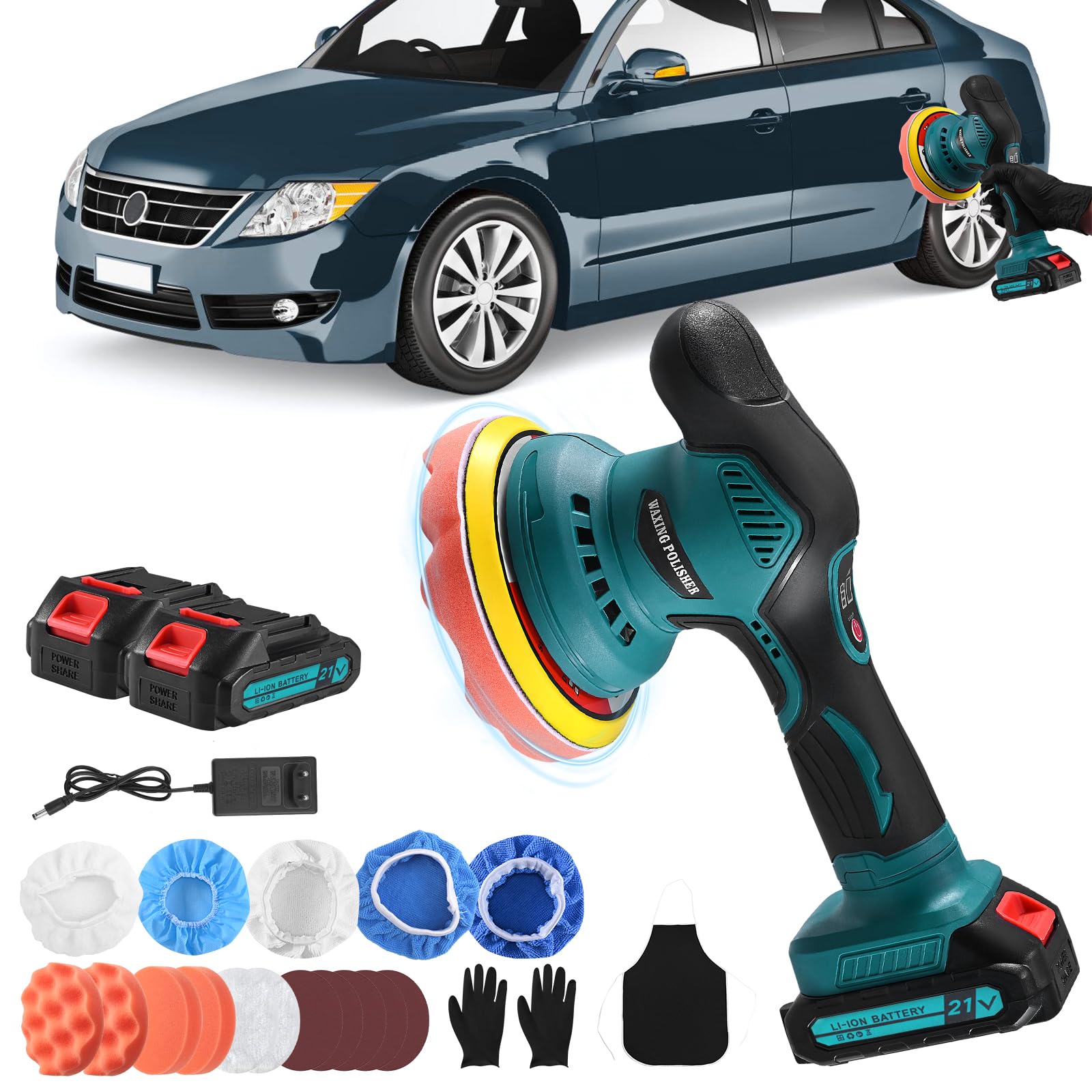Lucidatrice a batteria, MINENICE 21 V Lucidatrice Auto con 2 Batterie, 6 Velocità Variabile 2800-5500 giri/min, Curare l'auto, Lucidatura, Ceratura