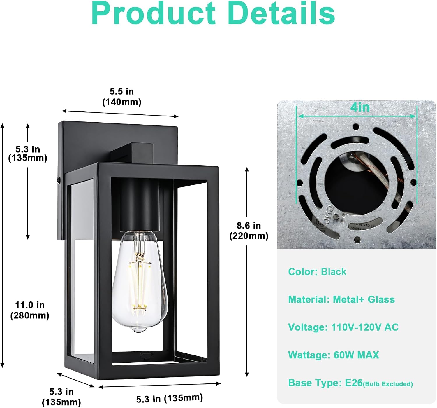 Yaohong Outdoor Wall Light Fixtures, Black Exterior Waterproof Wall Sconce Light Fixtures, Exterior Wall Lantern with E26 Socket & Glass Shade Front Door Wall Mount for Garage Patio Entryway, 2 Pack