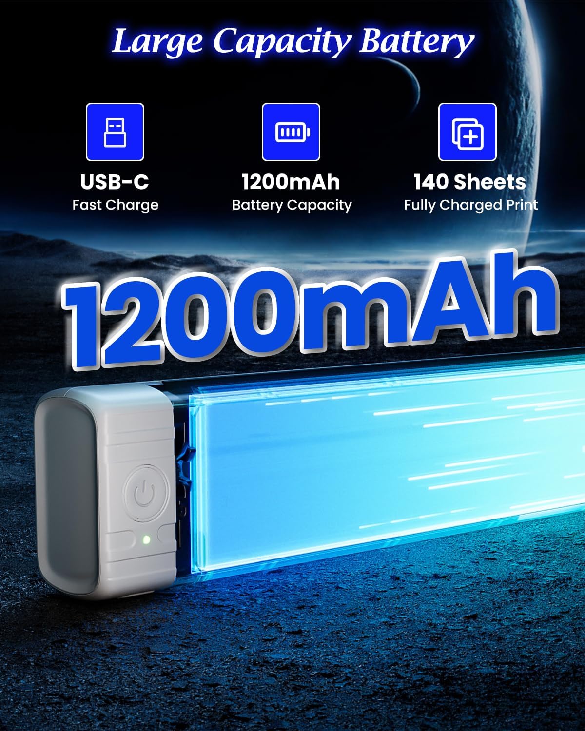 Phomemo TP83 printer highlighting its 1200mAh battery, USB-C fast charge, and ability to print 140 sheets on a full charge.