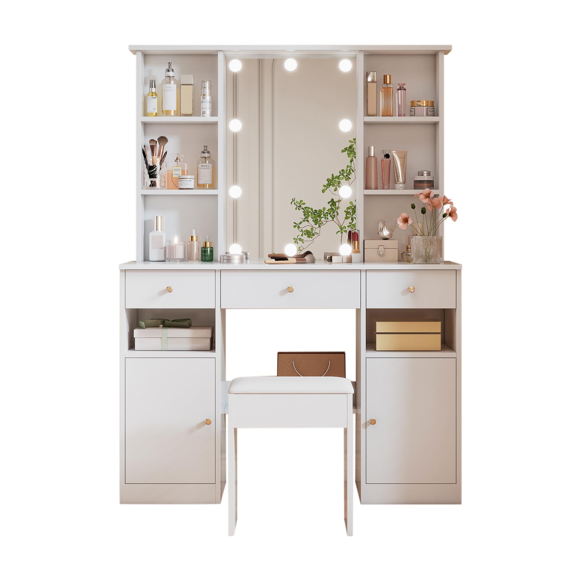 Große Schminktisch mit Verstellbaren LED-Beleuchtung, Make-up Tisch mit Spiegel & Hocker, 110×40×151cm, Schminktisch-Set mit 3 Schubladen und 2 Türen für Schlafzimmer, Weiß