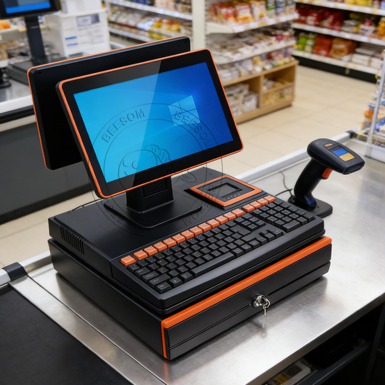 Caisse Enregistreuse Professionnelle,Imprimante Thermique,15,6" Écran Tactile Pliable Multi-Angle,4G+128Go + Processeur Dual-Core, Scanner + Tiroir-Caisse,Supermarché/Café Double