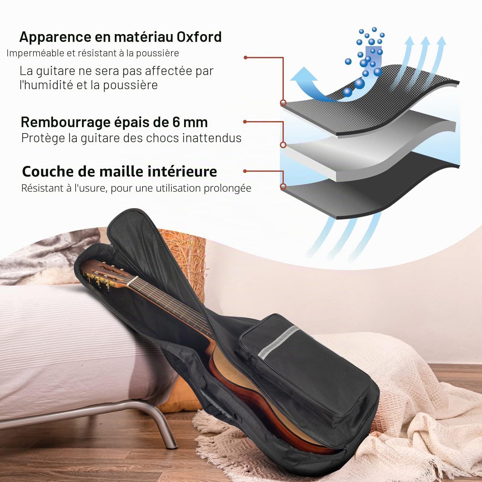 CAHAYA Sac de Transport pour Guitare Classique de 99 Pouces, étui Souple, Rembourrage de 6 mm, Sac à Dos pour Guitare avec Grande Poche, Bandes réfléchissantes modèle CY0288, Noir, Classical Guitar