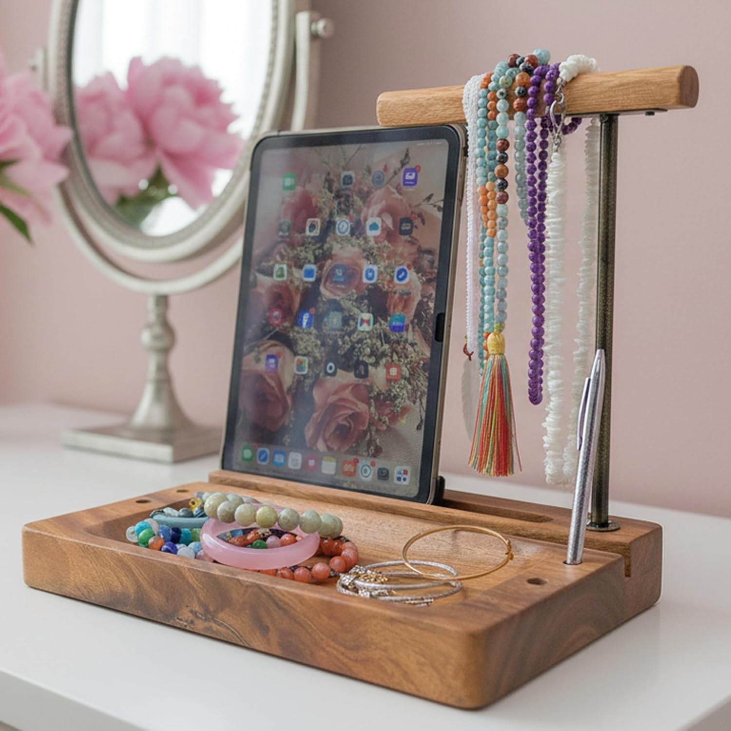 Solid Acacia Wood Multiple Headphone Stand – Multi-Device Holder for iPad, iPhone, Tablets & Phones, Desk Organizer with Tray, Pen & Pencil Holder, 1.5" Thick Base, Wooden Tech Dock