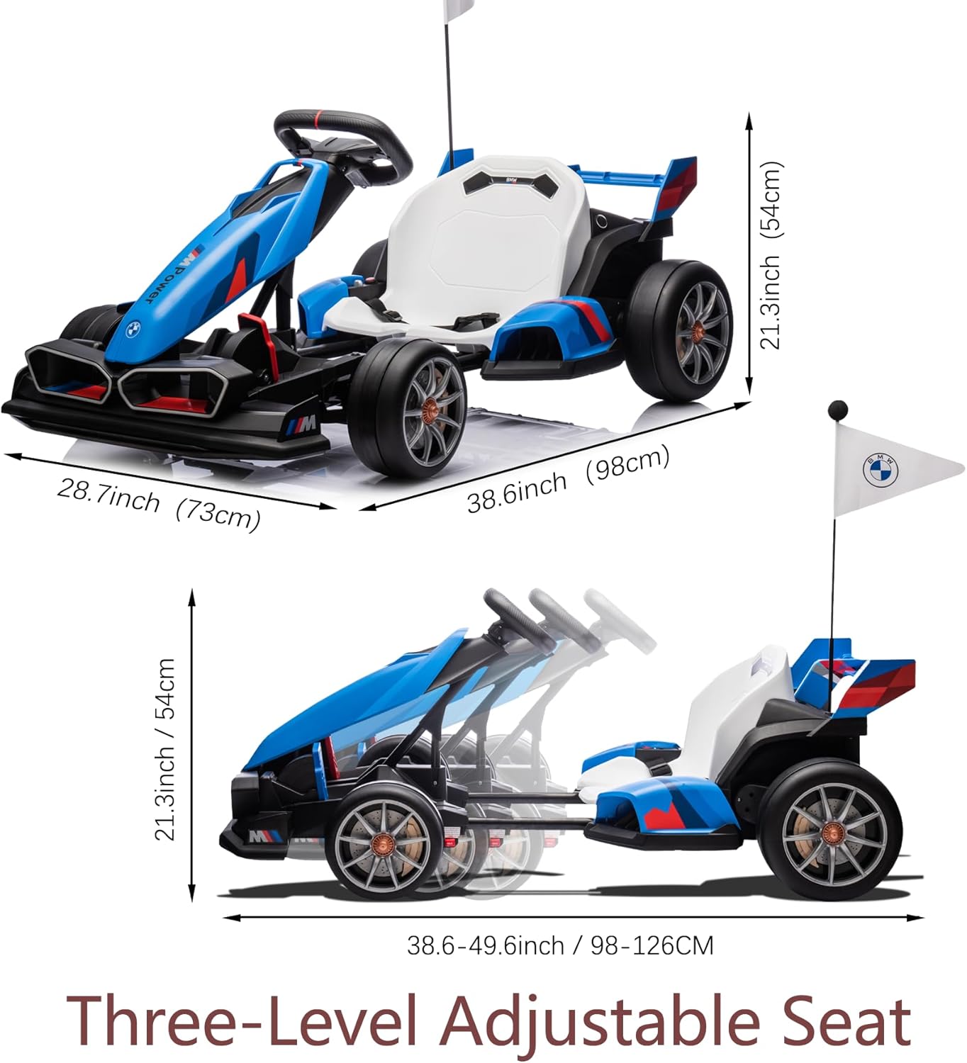 Diagram showing the three-level adjustable seat of the go-kart