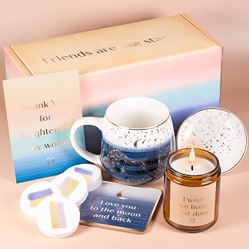 Luxe England Best Friend Gift Box for Women, 6 Piece Keepsake Basket | Scented candle, crown mug, greeting card, coaster, jewelry dish, shower steamers. British birthday gift for her