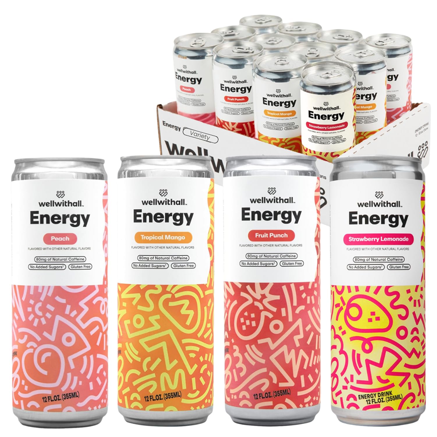 WellWithAll Energy Drink Variety Pack, Strawberry Lemonade, Fruit Punch, Tropical Mango, Peach Flavors, Caffeine from Tea, With Vitamin C, Lightly