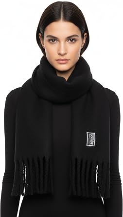 VERSACE JEANS COUTURE Black Soft Scarf with Logo Patch & Fringe Finish