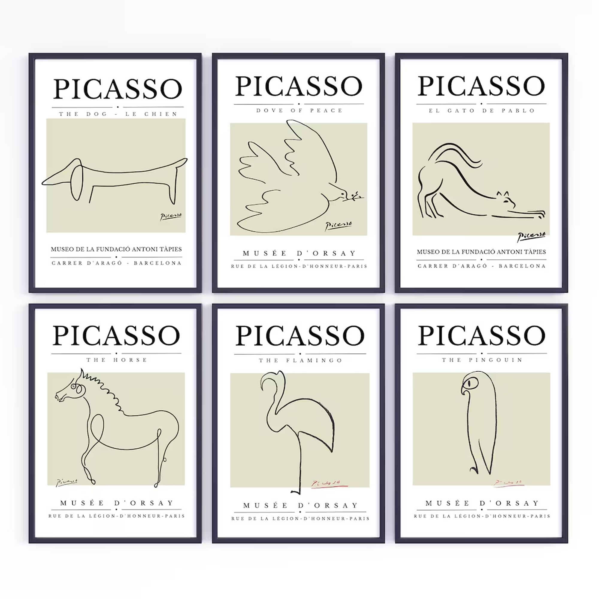 Picasso Animal Line Art Gallery Wall Set, 6 Piece Collection, Museum Exhibition Posters, Unframed Art Prints (A4-21.0 x 29.7cm)