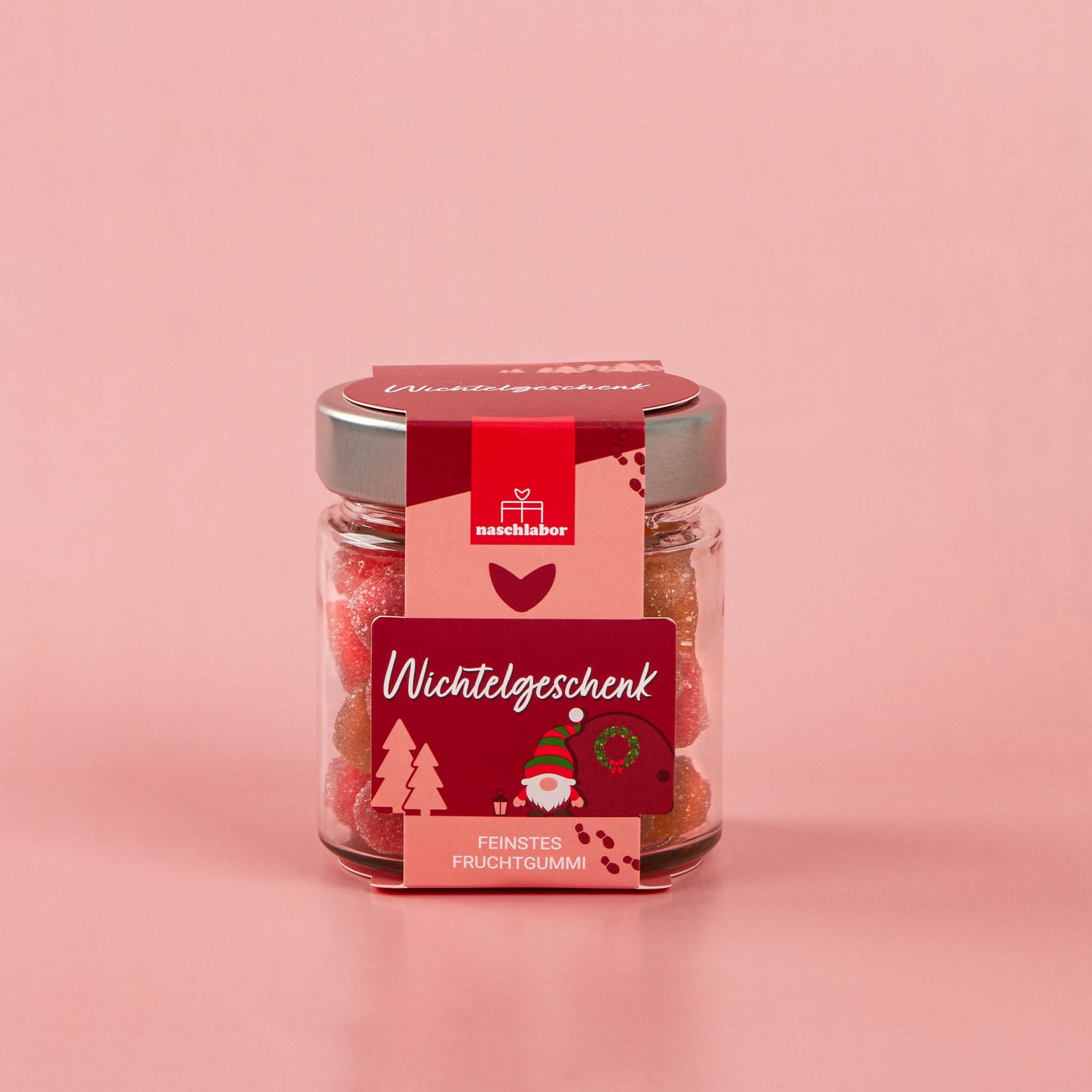 Wichtelgeschenk Fruchtgummi in Geschenkglas 120g | Das Perfekte Geschenk zum Wichteln | Mitbringsel | Geschenk zu Weihnachten für Familie, Freunde oder Kollegen | Süße Kleinigkeit