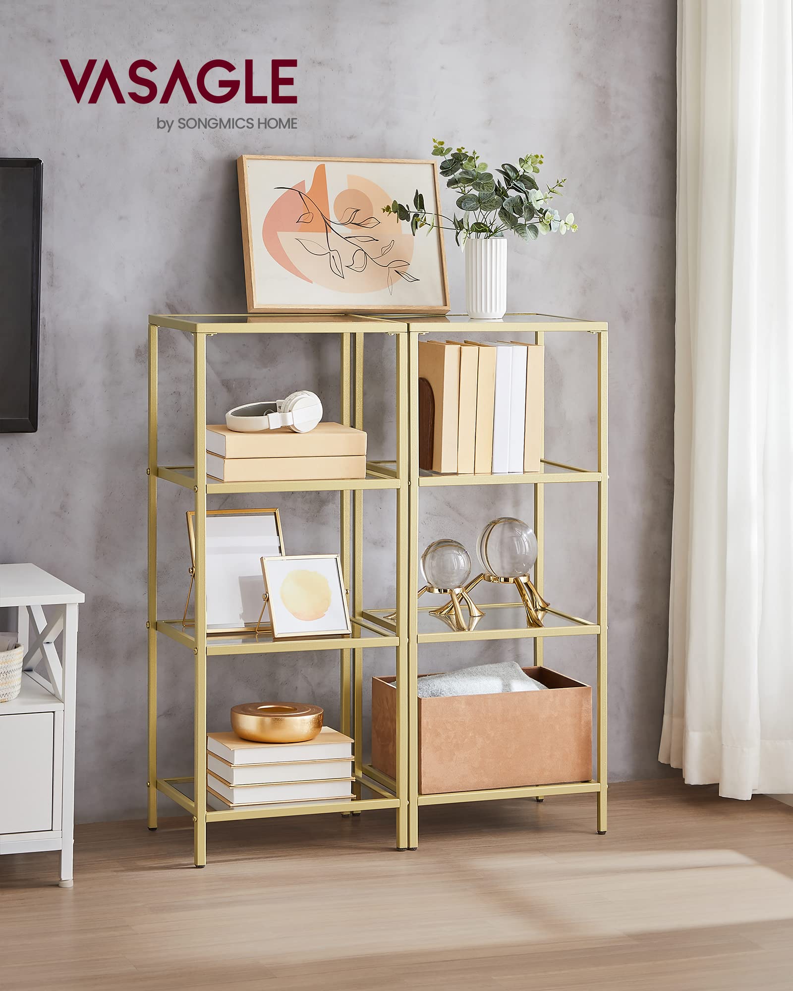VASAGLE Regal mit 4 Ablagen, 2er Set, Badregal, gehärtetes Glas, einfache Montage, für Badezimmer, Wohnzimmer, Küche, Büro, goldfarben LGT028A01