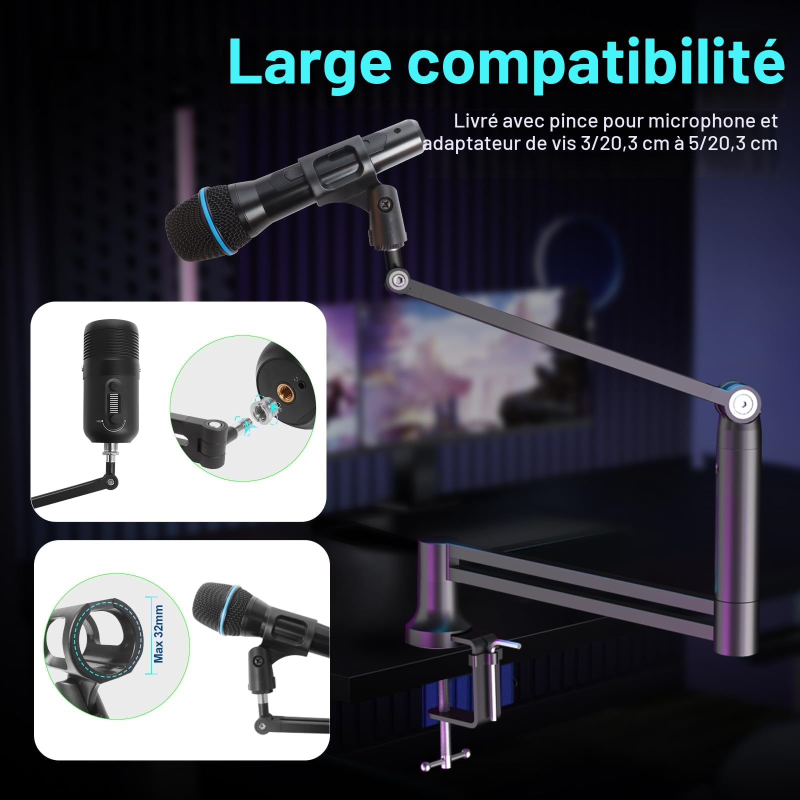 Bras de Microphone, Bras de Micro à Profil Bas de Première Qualité pour Streaming, Recording, Entièrement Ajustable 360° Rotatif 90° Pliable pour Podcasts, Streaming, Gaming, Noir