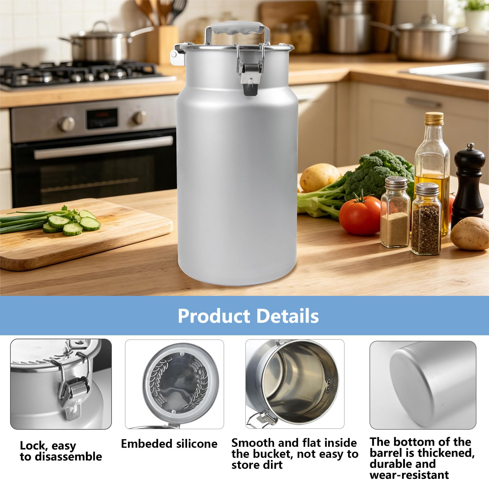 Lata De Leche con Tapa, Tarro Portátil De Acero Inoxidable para Conservar Alimentos, Cubo para Guardar Arroz Jarra De Almacenamiento para Cereales, Harina Y Café En Grano,7L 17 × 30 cm