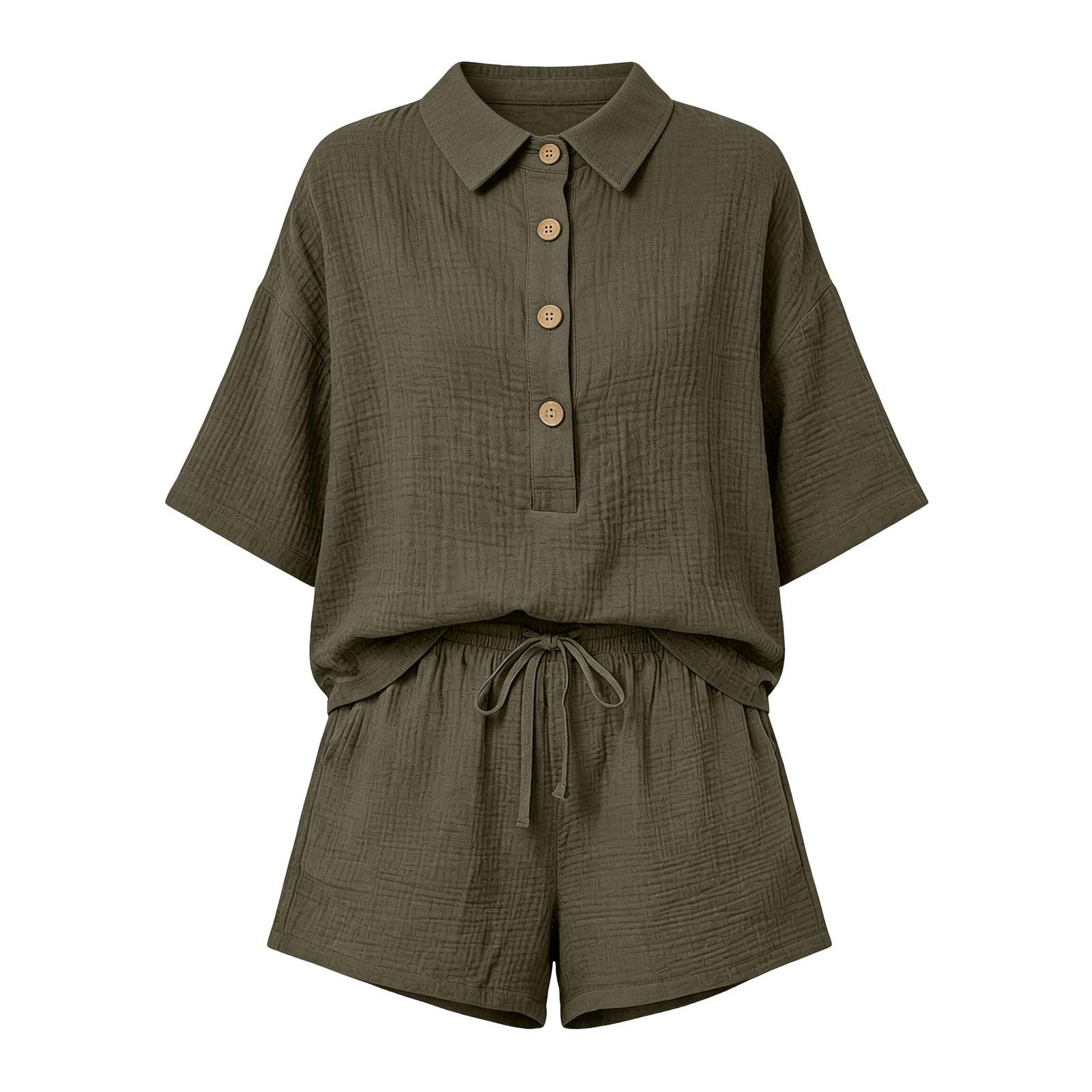 Genérico Conjuntos Mujer Verano Casual Dos Piezas Pantalon Cortos y Blusa Elegante Conjunto Lino Chándal Camisa Manga Corta Conjunto de Verano Ropa de Playa Chandal con Bolsillos