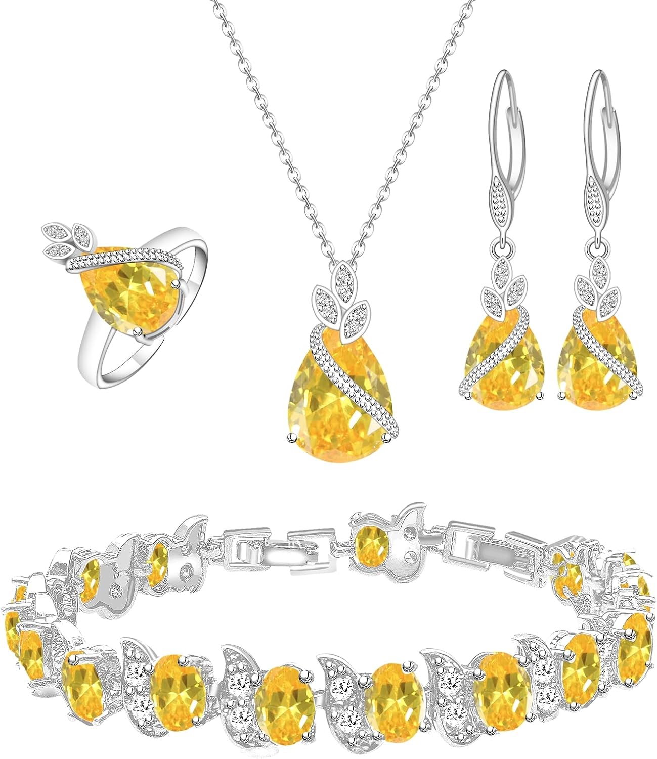 GZWHD Jewelry Set for Women CZ Earrings Necklace Ring Bracelet Set Prom Party Wedding Jewelry Gift for Mother Friend Wife