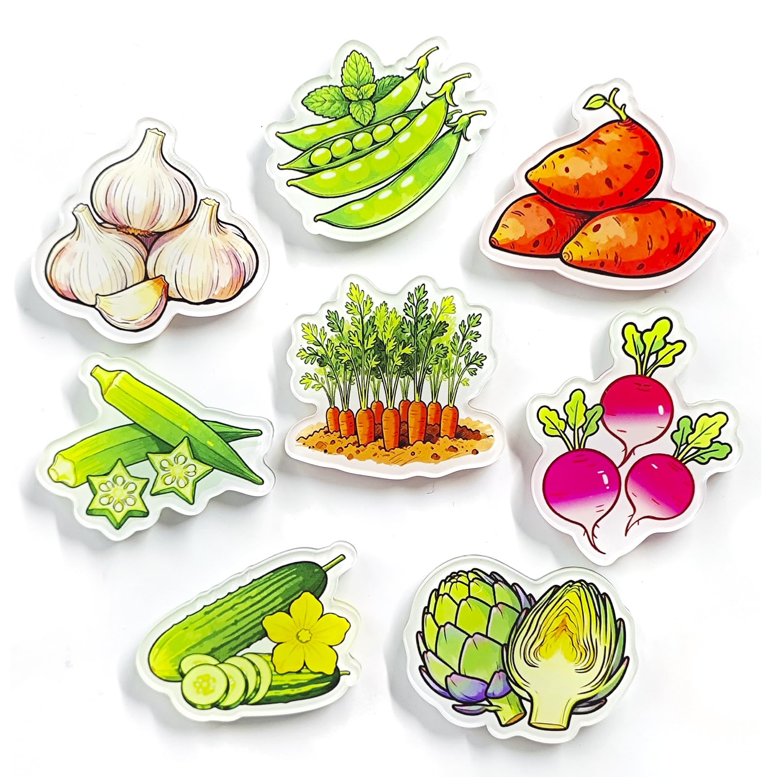 Janlifian 8 PCS Cute Vegetable Fridge Magnets,1.55inch Medium Size,Carrot,Snow Pea, Cucumber, Sweet Potato Food Pattern Funny Decorative Magnet Set for Refrigerator Decor