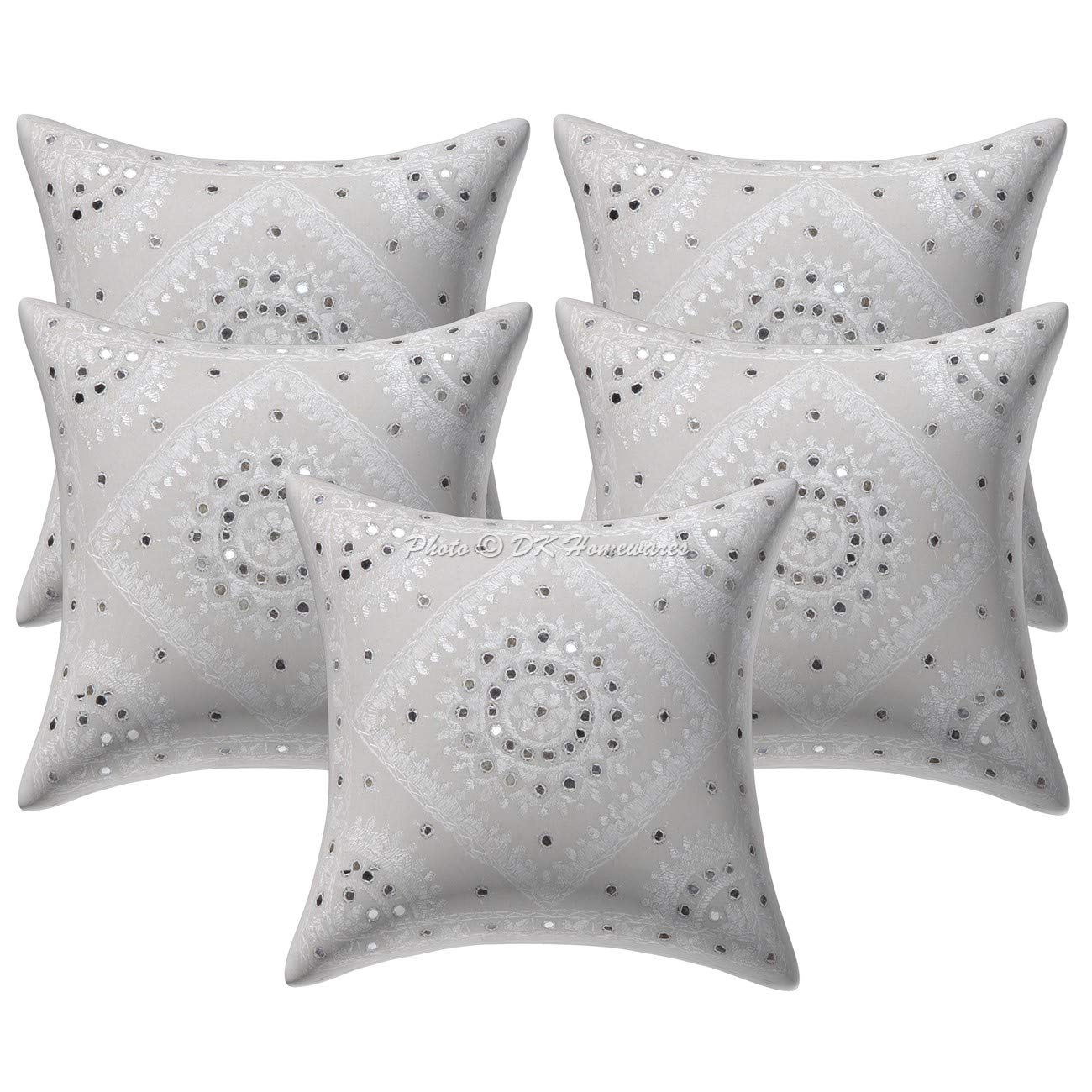 DK Homewares Cotton Rajasthani Mirror Embroidered Cushion Covers 16 inch x 16 inch Set of 5 White Square Decorative Settee Sofa Diwan Cushion Covers 16 by 16 Pillow Cases (B07KY355CL) Amazon Price History, Amazon Price Tracker