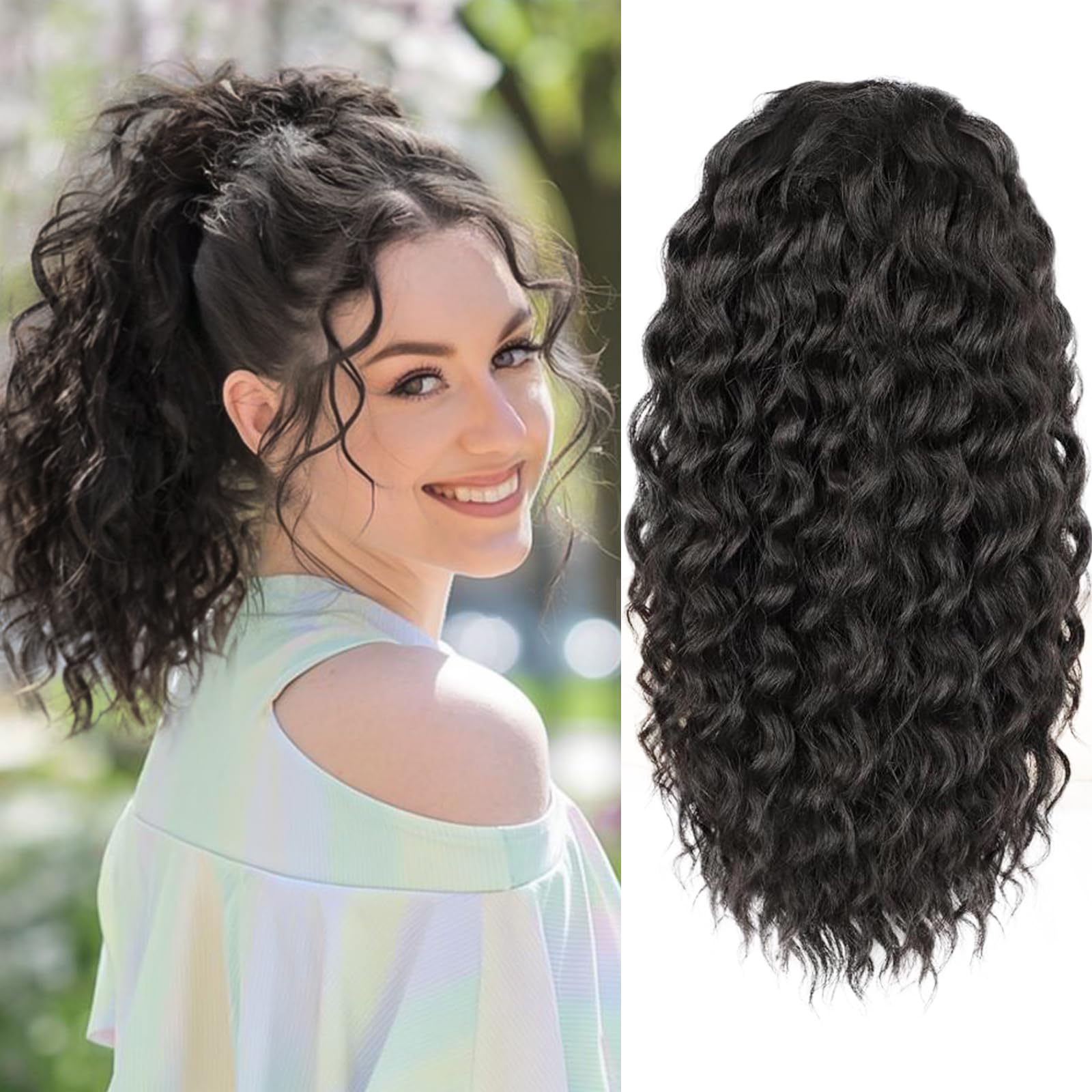 HYJ Drawstring Ponytail 16" Curly Ponytail Extensions Drawstring Ponytail For Black Women Dark Brown Ponytail Extensions For Women Synthetic Hairpiece