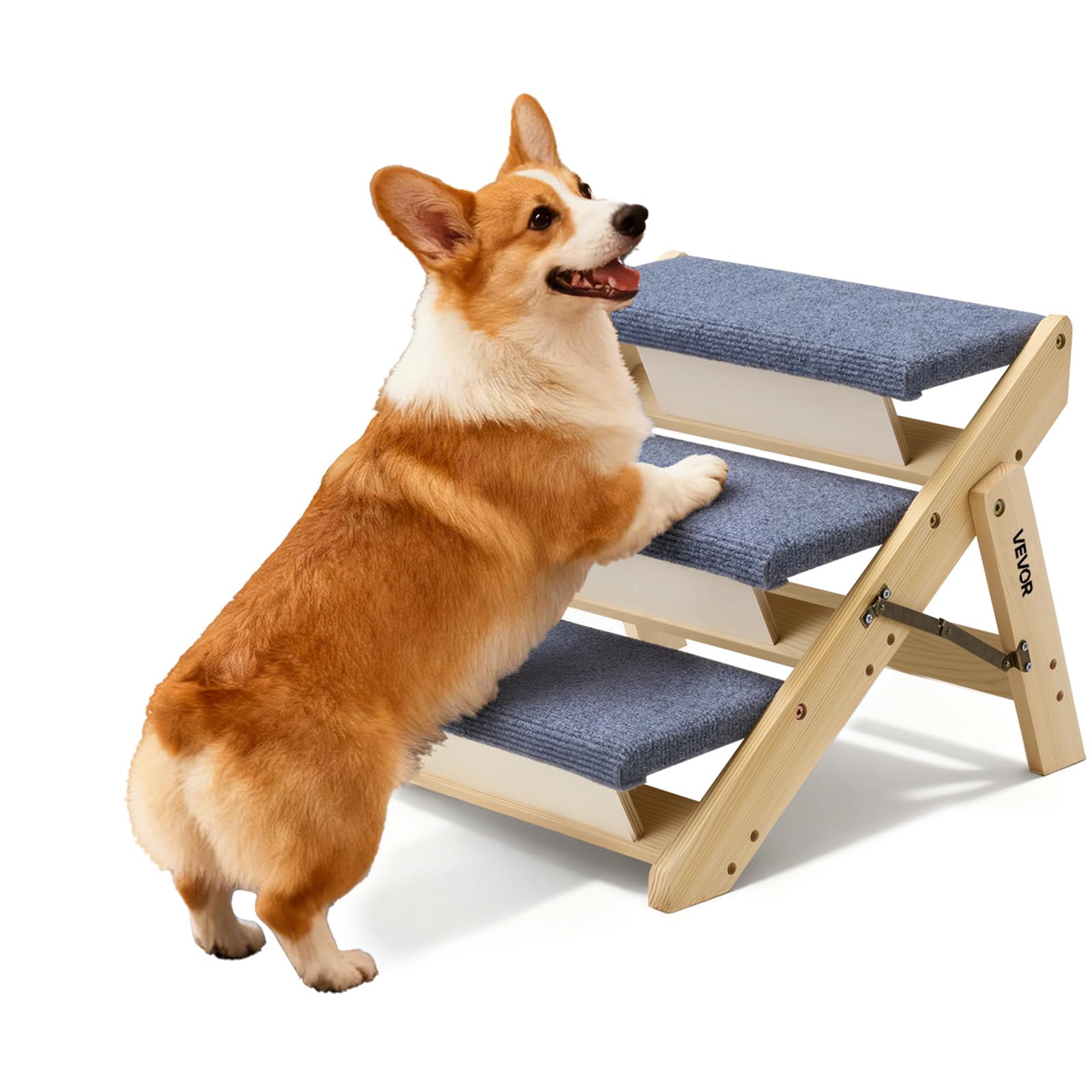 VEVOR Hundetreppe 510x470x370 mm, 3-stufige Hautiertreppe, klappbare Holztreppe geeignet für kleine, mittlere, große, ältere Haustiere sowie Welpen bis 68 kg, Hundeleiter für Betten, Sofas & Autos