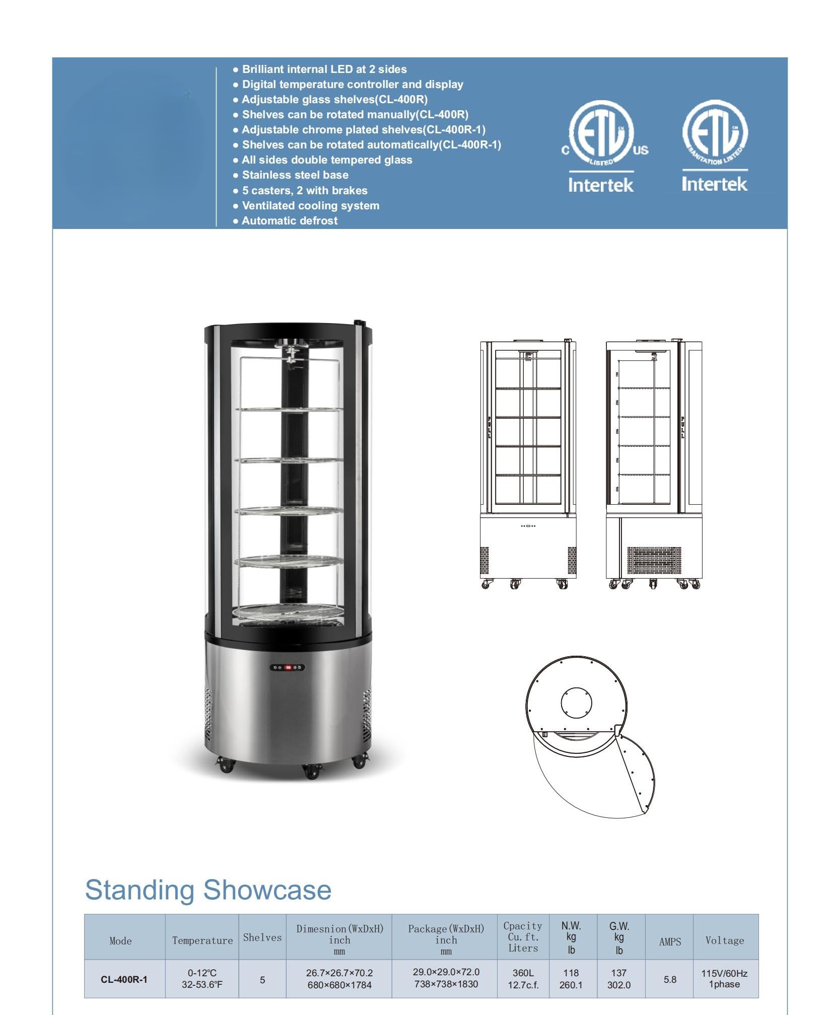 Elite Kitchen Supply Commercial Refrigerated Display Case, 360L Capacity, 5 Rotating Glass Shelves, Digital Temperature Control, LED Lighting, ETL Listed CL-400R-1