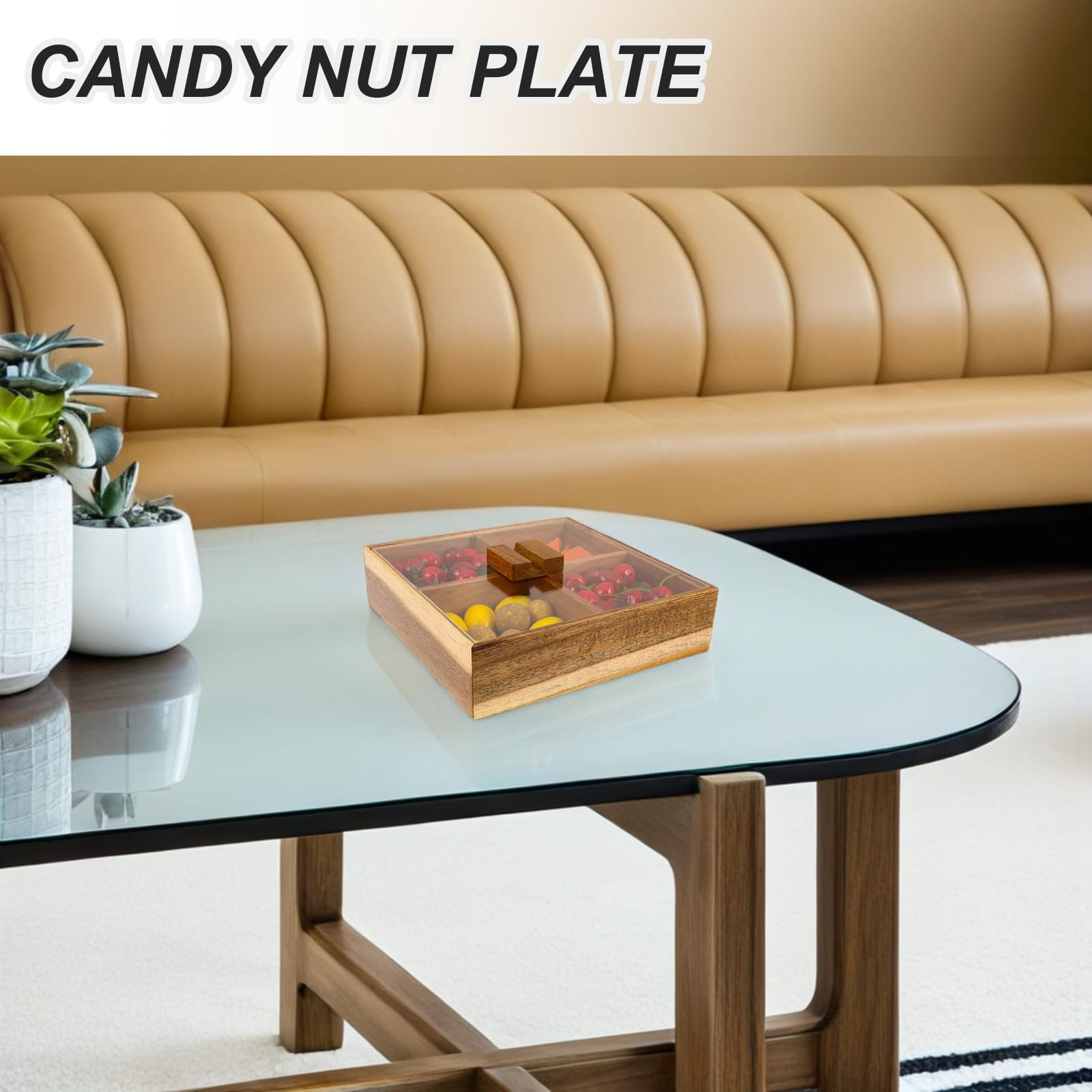 Bambus-Nussschale mit Deckel: Unterteilte Snack-Servierplatte – 4 Fächer – Behälter für Trockenfrüchte und Süßigkeiten – Tragbare Gemüseplatte für Küche, Party und Picknick