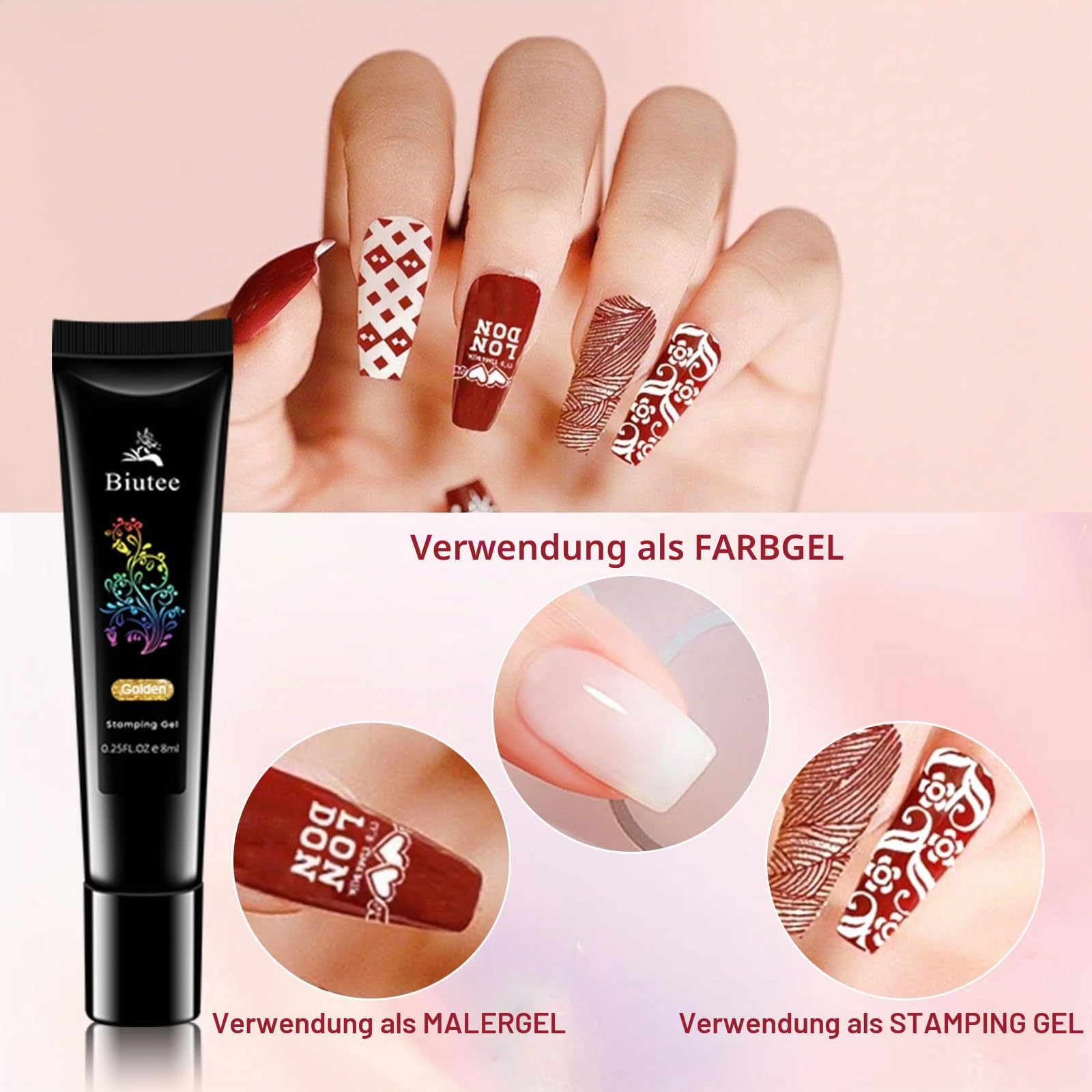 Biutee Nagel Stamping Set 8 Farben Stamping Gel+12 pcs nägel Schblonen Platte+1 pcs Stempel, Blumen French Nails Stempel für Nageldesign Nagelschablonen, nageldesign zubehör