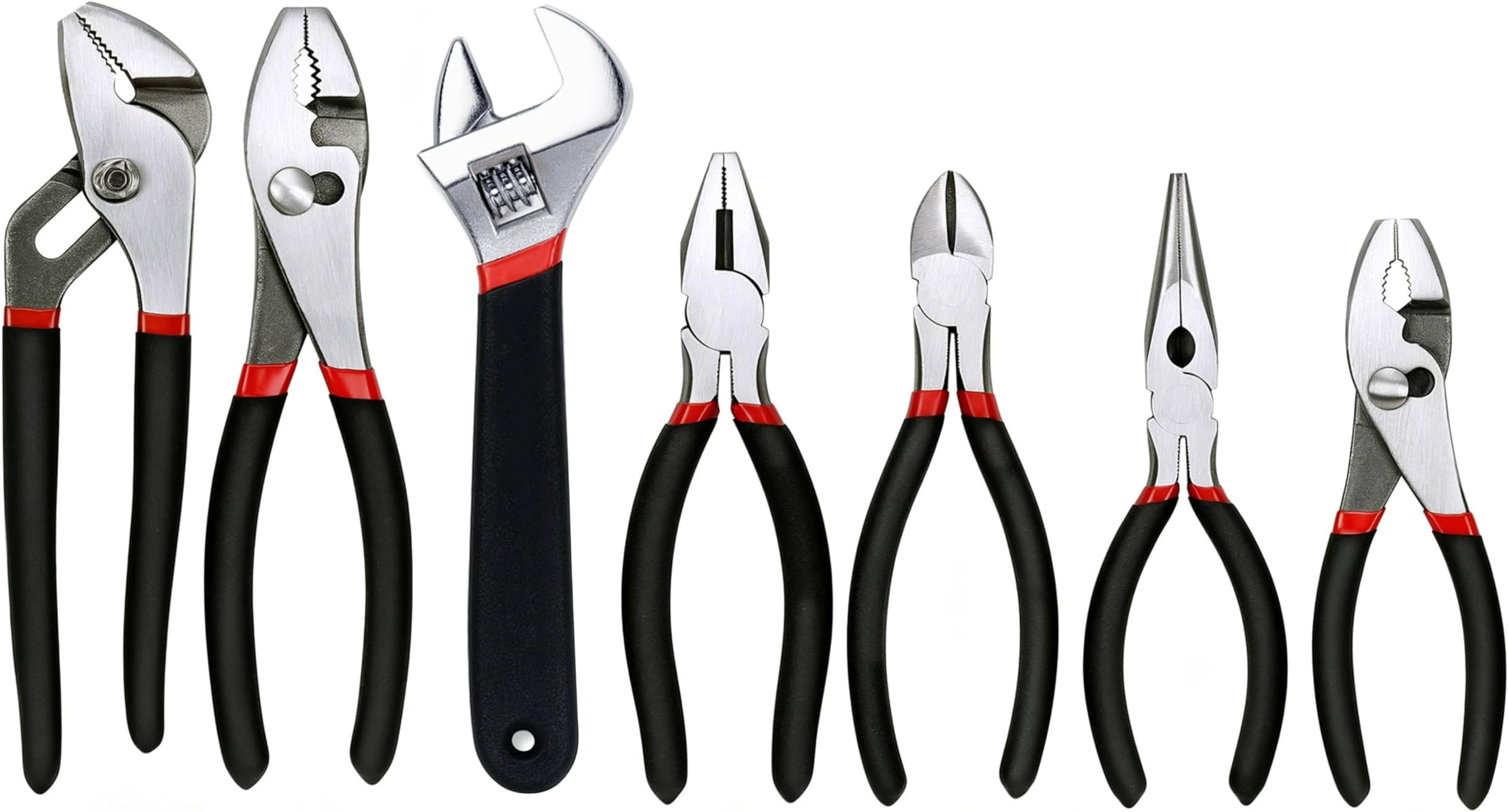 FASTPRO 7-Piece Utility Pliers and Wrench Set, Includes Slip Joint Pliers, Long Nose Pliers, Diagonal Pliers, Groove Joint Pliers, Linesman Pliers and Adjustable Wrench, Dipped Handle