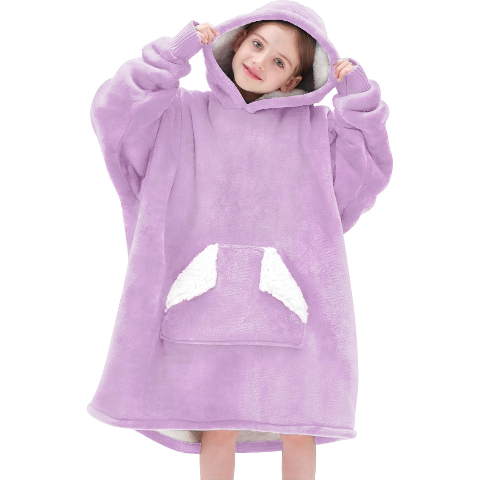 Touchat Wearable Blanket Hoodie, Oversized Sherpa Blanket Sweatshirt with Hood Pocket and Sleeves, Super Soft Warm Plush Hooded Blanket for Kids, One