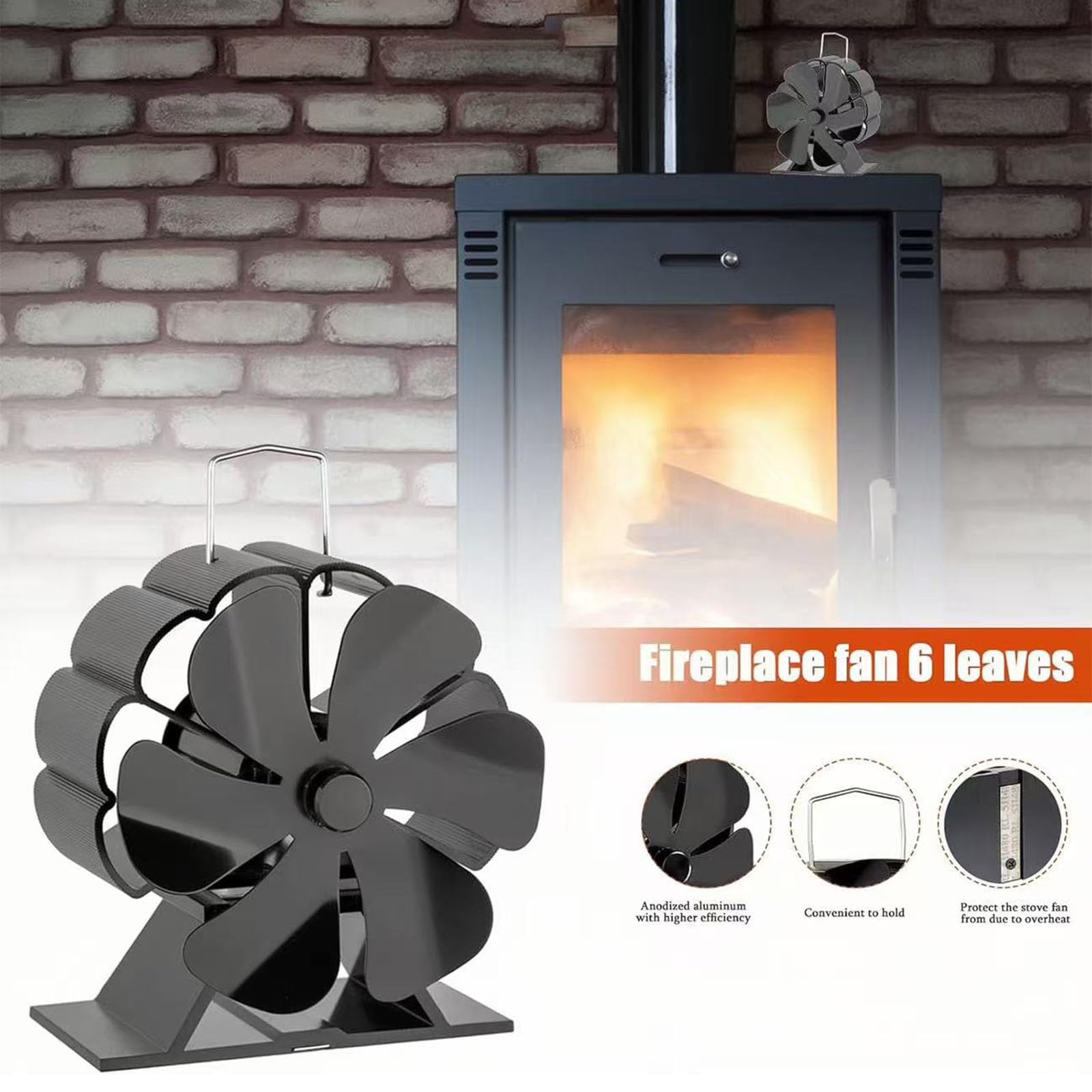 Ventilatore per Stufa a Legna, Ventilatori per Stufa Alimentati a Calore a 6 Pale, Funzionamento Silenzioso, con Termometro di Promemoria della Temperatura, per Camino, Legna, Bruciatore di Ceppi