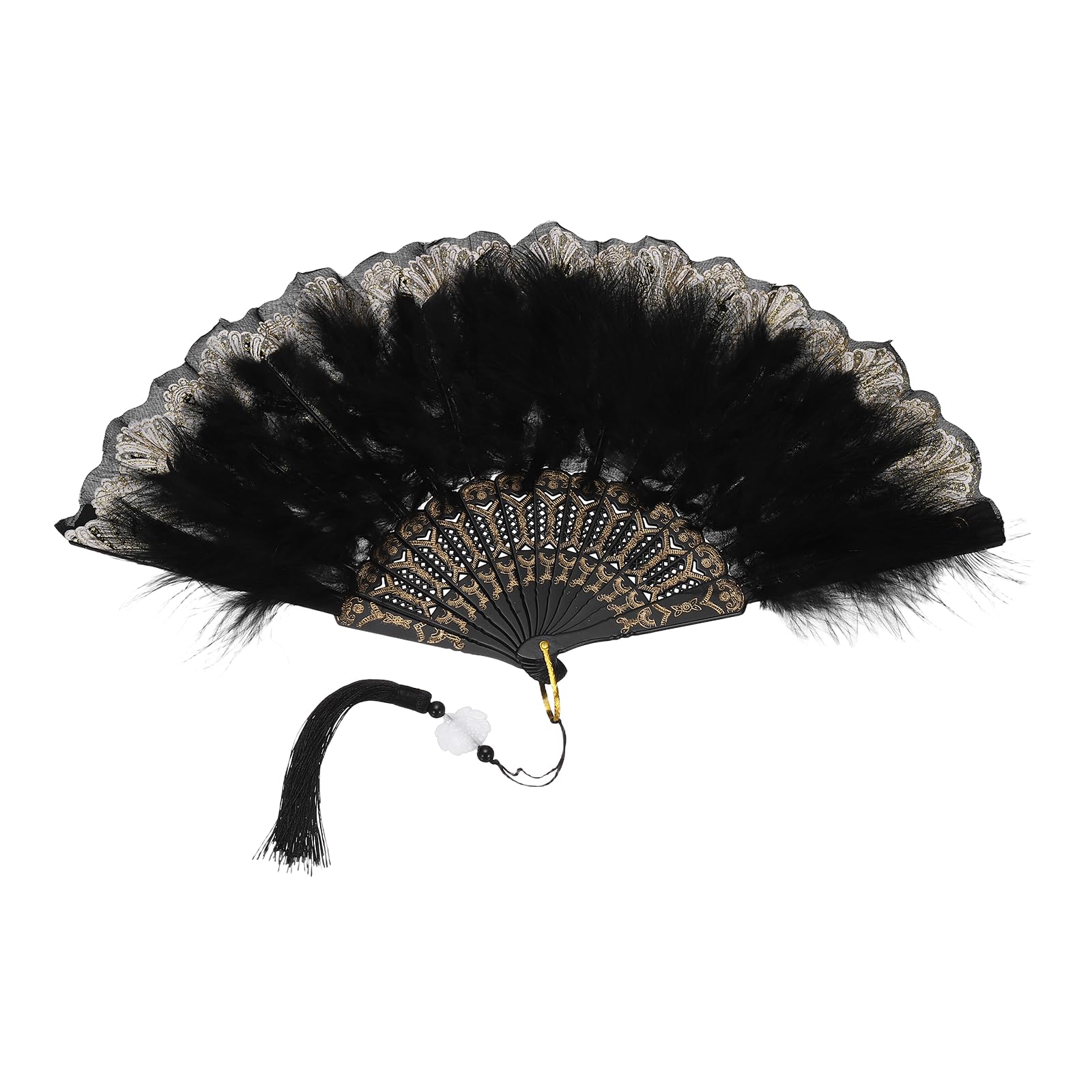 sourcing map 1 Pcs Vintage Folding Fan, Embroidered Flower Marabou Feather Fans 20s Vintage Style Handheld Folding Fan for Dancing Wedding Show Party Tea Party Occasions, Black(Polyester)