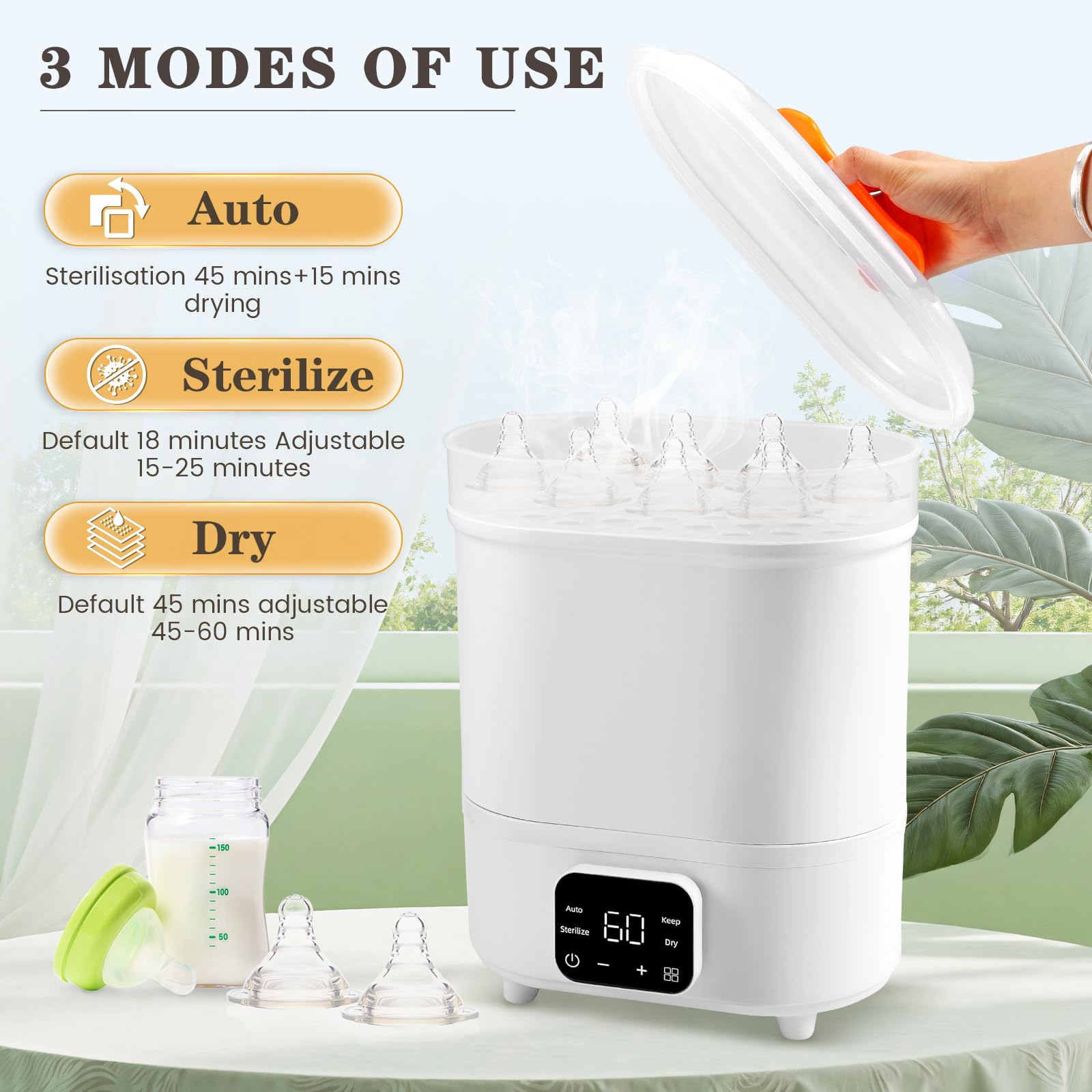 Sterilisator für Babyflaschen mit Trockner, Keramik-Vaporisator | 6-in-1 Dampfsterilisator für 6 Flaschen. Rostfreie Keramik-Heizplatte für leichte Reinigung, Auto-Trocknung & 24h-Modus.