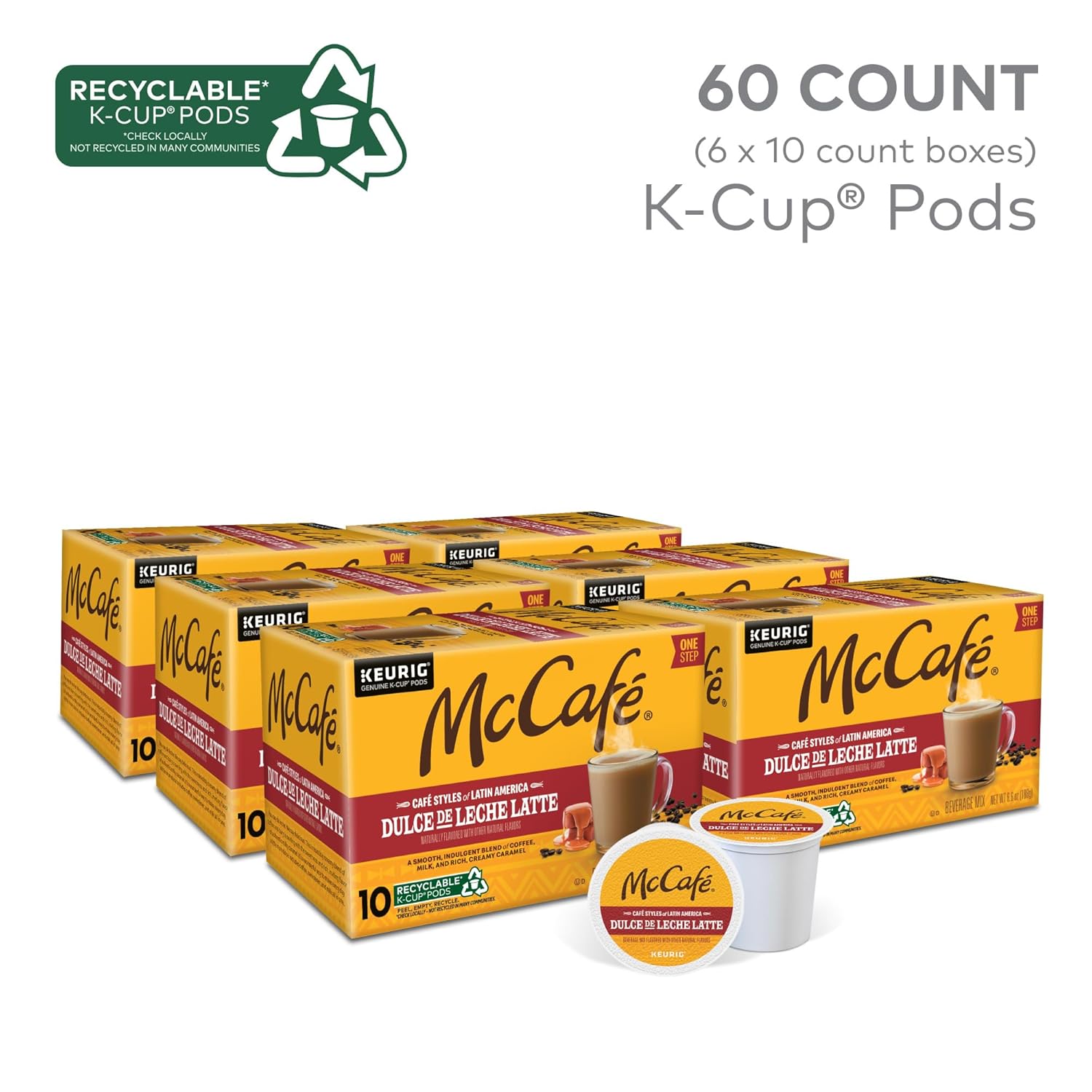 McCafé Dulce de Leche Latte, One Step Latte Single Serve Keurig K-Cup Pods, Flavored Coffee, 60-Count Box (6 Packs of 10)