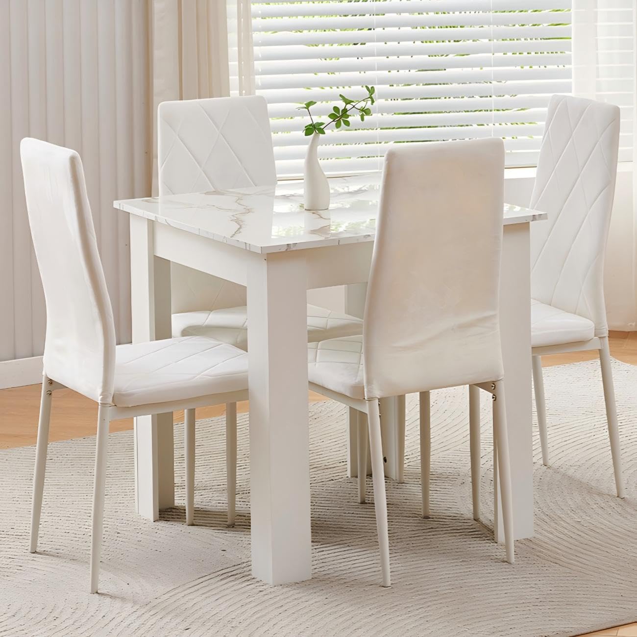 75x75 cm Small Dining Table and 4 Chairs, 4 Seater Table and Chairs Set Kitchen Dining Room Set for 4, Compact, Space Saving, Wooden, Glossing Tabletop Marble-White (4 Seats, Flannel White #2)