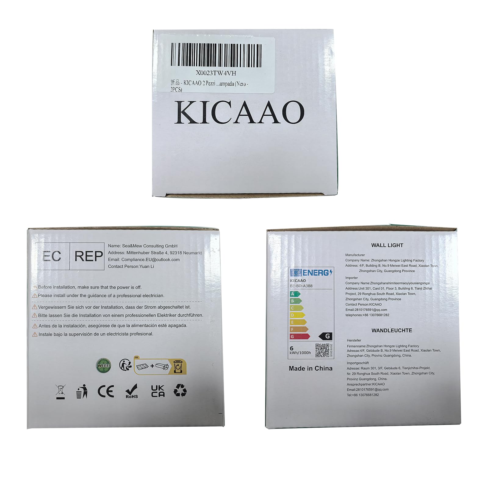 KICAAO 2 Pezzi Applique da Parete Esterno LED Lampada da Parete Interno Moderno Bianco,6W Luce Caldo 3000k, Lampada Muro IP65 Impermeabile Quadrata Alluminio Lampada (Nero - 2PCS)