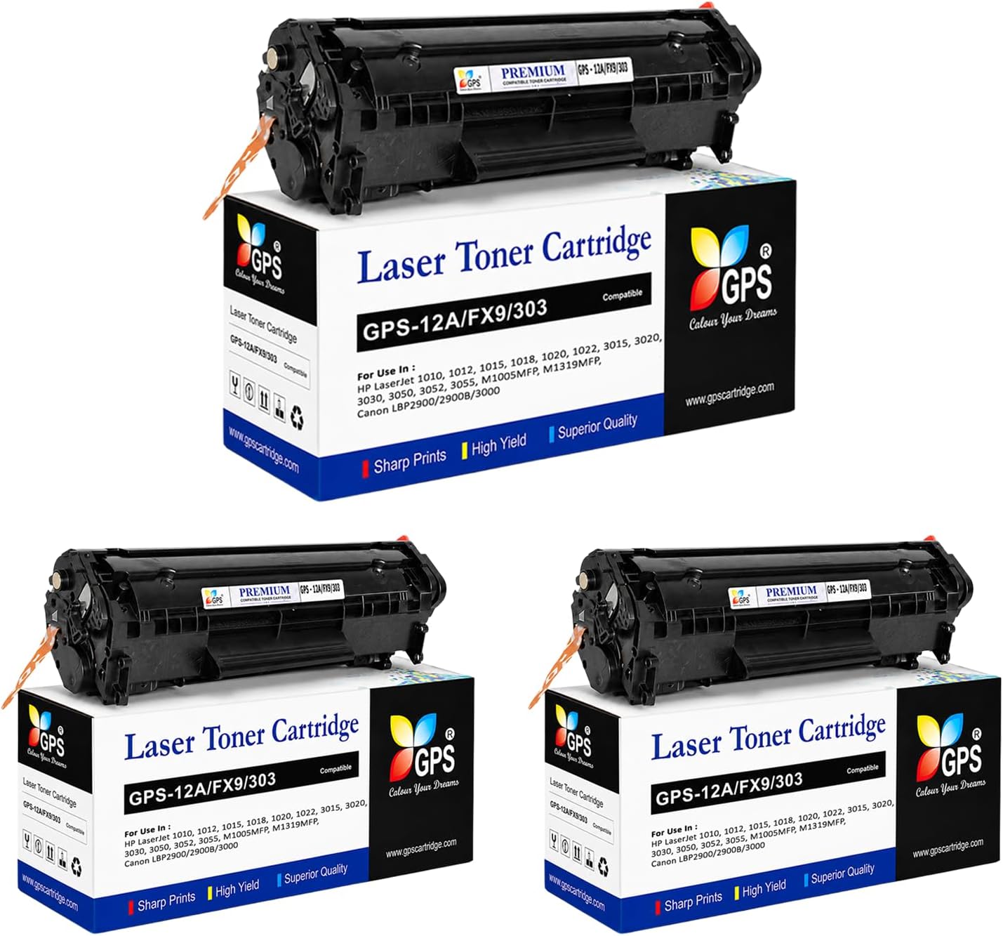 GPS Colour Your Dreams 12A Toner Cartridge Compatible for LJ Printers 1010, 1012, 1018, 1020, 1022, 1022n, 1022nw, 3015, 3020, 3030, 3050, 3050z, 3052, 3055, M1319, M1319F MFP, M1005 MFP ( Set of 3)