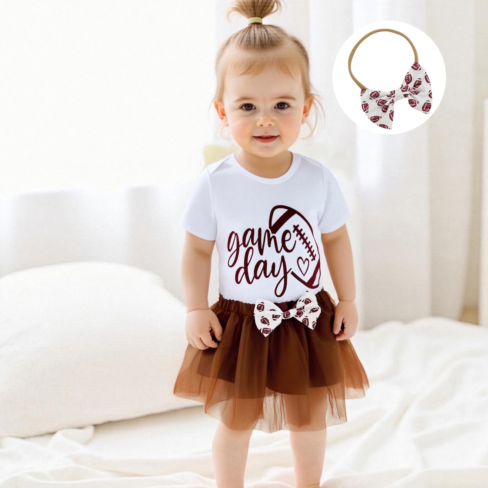 Baby Girl Football Outfit Letters Rugby Print Short Sleeve Romper Bodysuit Tulle Skirt Set Cute Newborn Coming Home Outfit(A-Brown Football,3-6 Months)
