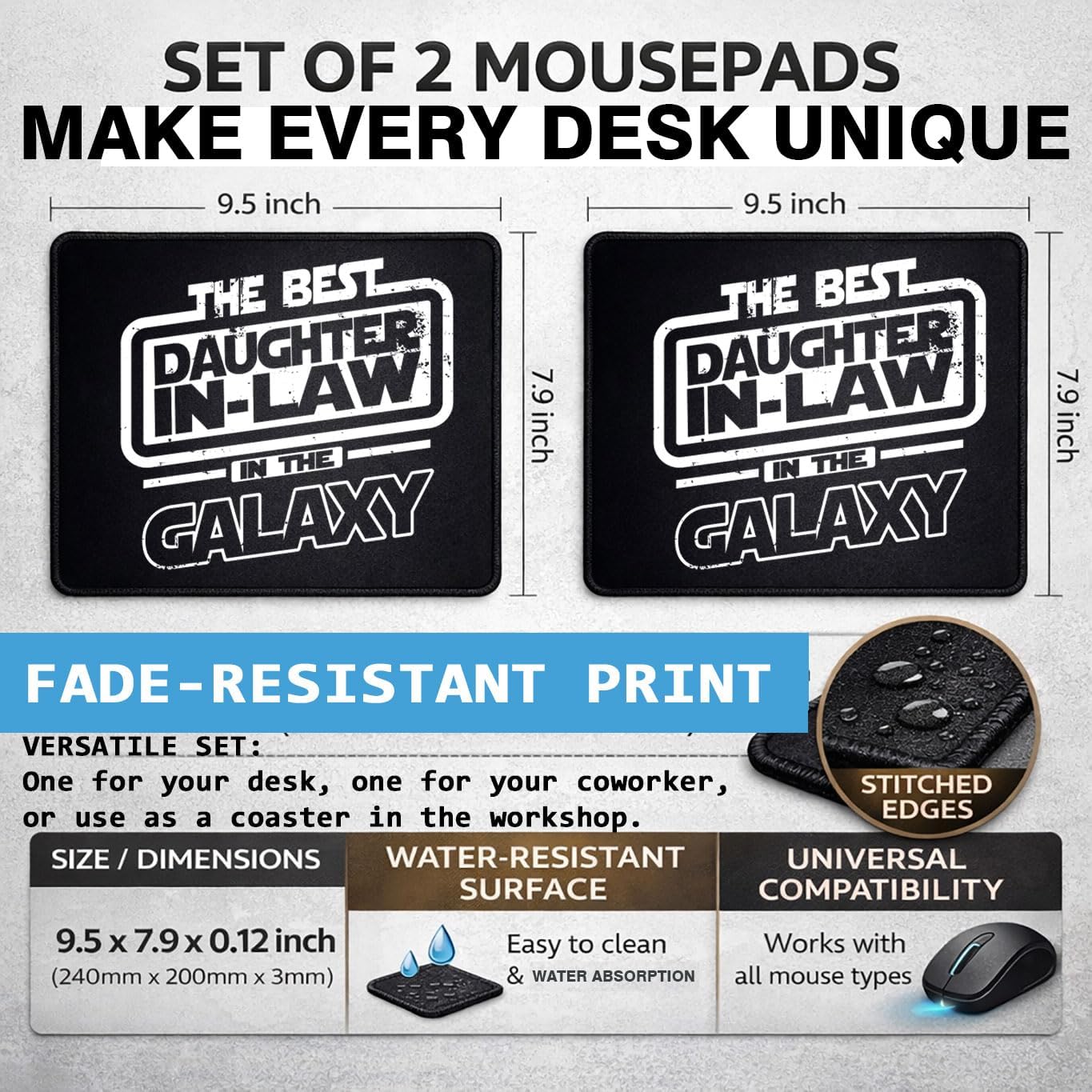 The Best Daughter in-Law in The Galaxy Mouse Pad Set, Rubber, Black, Non-Slip, Office, 9.5x7.9 inches, Rectangular, 2 Pack image 2