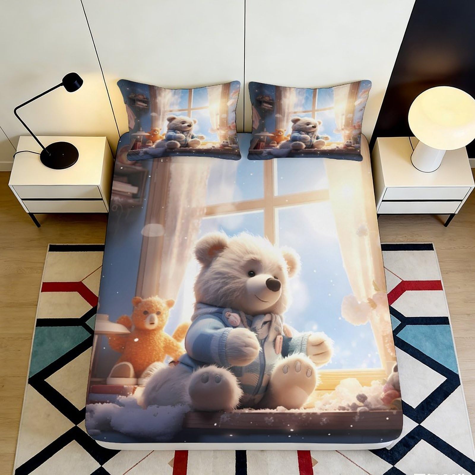 3D Printed Cute Teddy Bear Fitted Sheet Microfiber Soft Breathable Bedroom Decor Cartoon Animal Mattress Cover 90x200x25cm