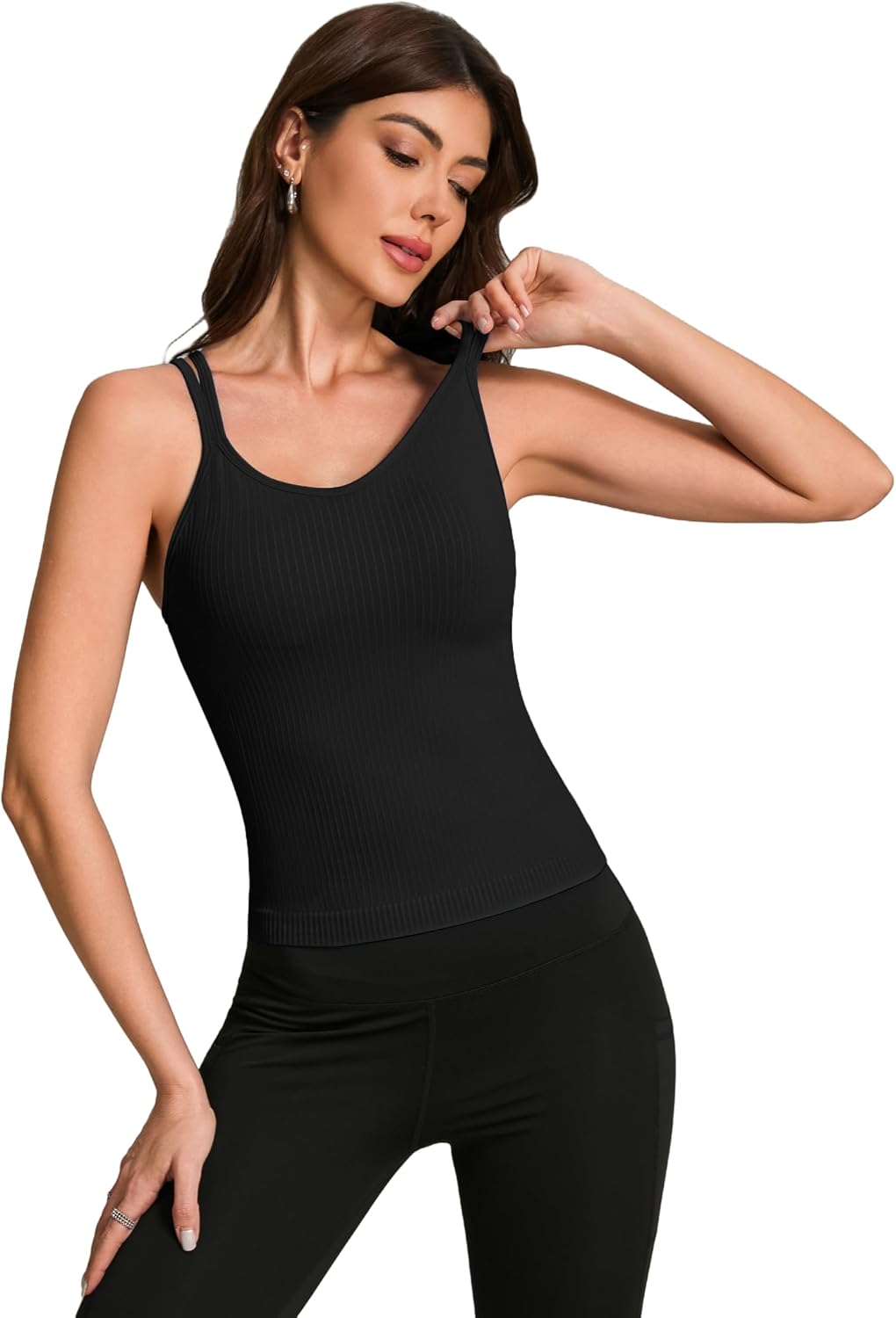 UG Active V Neck Tank Tops with Built in Bra Spaghetti Straps Cross Back Fitted Basic Cami Shirts