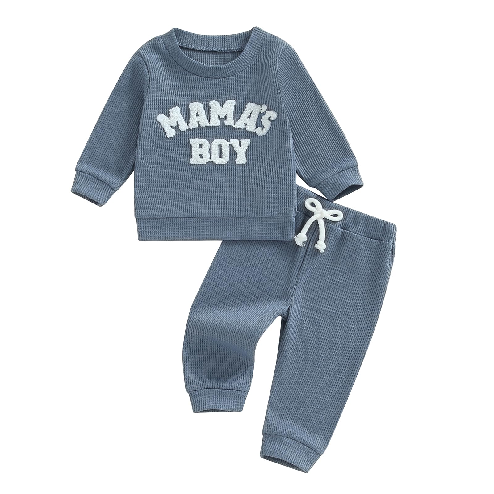 NZNDSHD Toddler Boy Clothes Little Dude Baby Boy Outfit Mamas Boy Little Bro Embroidered Sweatshirt Waffle Knit Pants Set (Blue Mamas Boy, 0-6 Months)