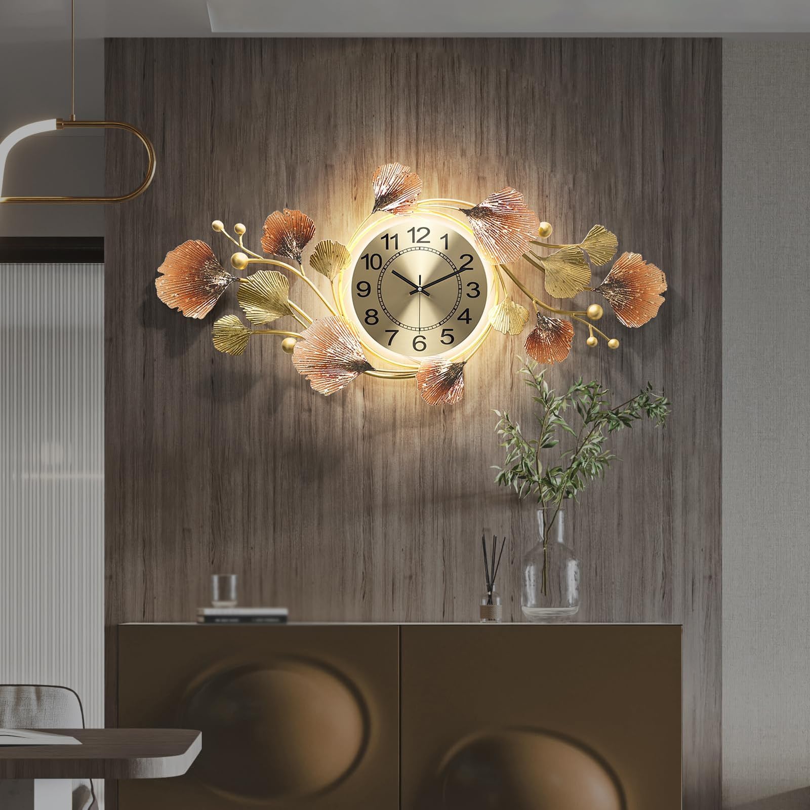 Grande horloge murale décorative en métal ginkgo 3D design élégant
