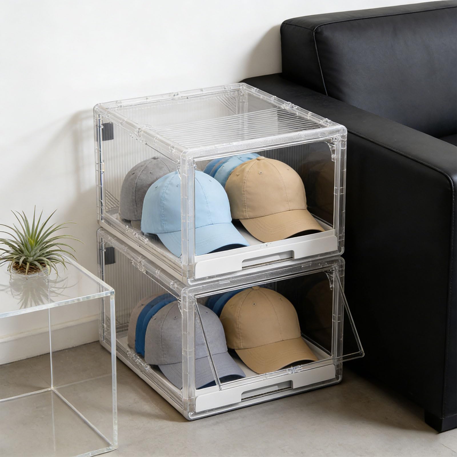 PANGBOER Paquete de 2 cajas de almacenamiento para sombreros de gran capacidad con ventana transparente y bandeja deslizante para exhibir gorras organizadas y