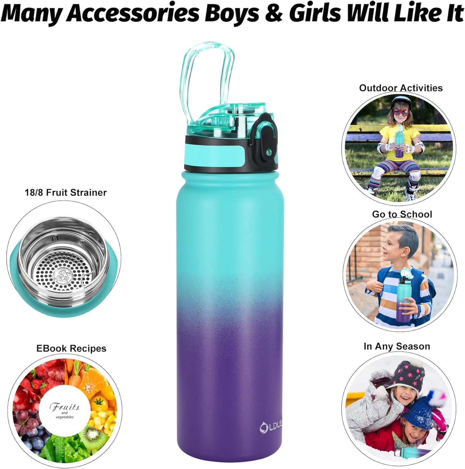 Oldley Insulated Water Bottle with Straw 20oz Stainless Steel Water Bottles with 3 lids Double-Wall Vacuum Thermal for Kids Adults School Sports, A-Green-purple - Image 4