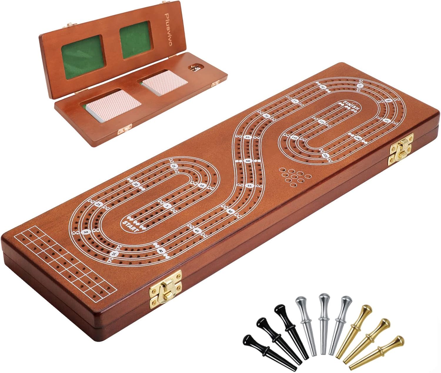 Cribbage Board 3 Tracks, Plusvivo Premium Solid Oak Crib Board with 9