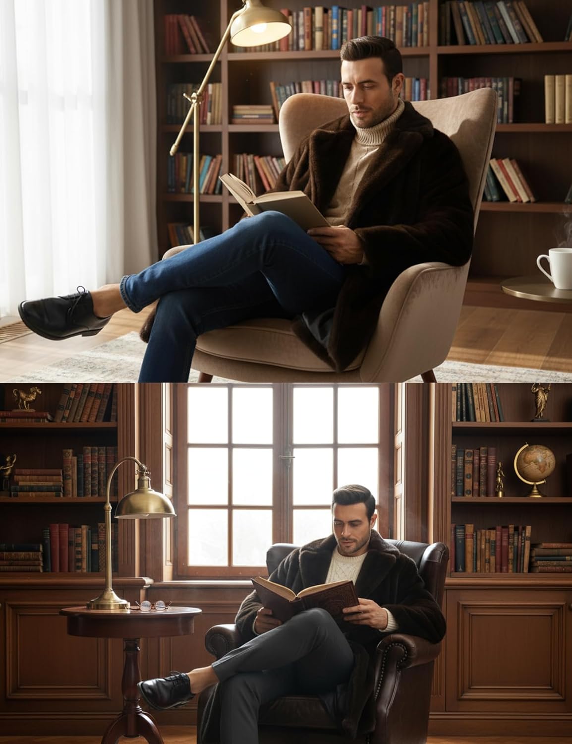 Yimoon Men's Faux Fur Long Coat Winter Faux Mink Trench Coat Lapel Thick Overcoat Business Fluffy Jacket for Men