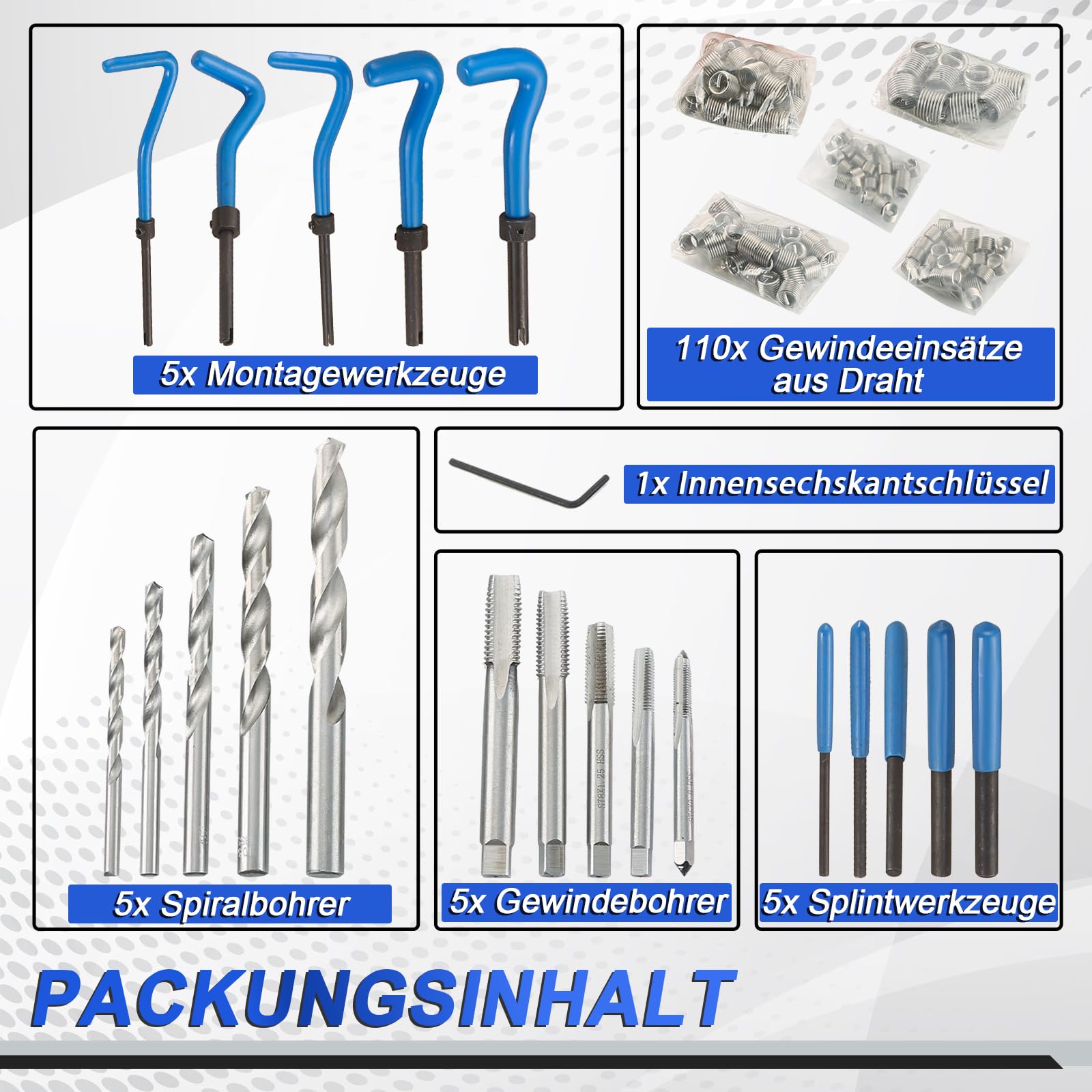 DASBET Kit di attrezzi per la riparazione di filettature metriche, 151 pezzi, kit di riparazione elicoidale per trapano HSS M5 M6 M8 M10 M12 (blu)