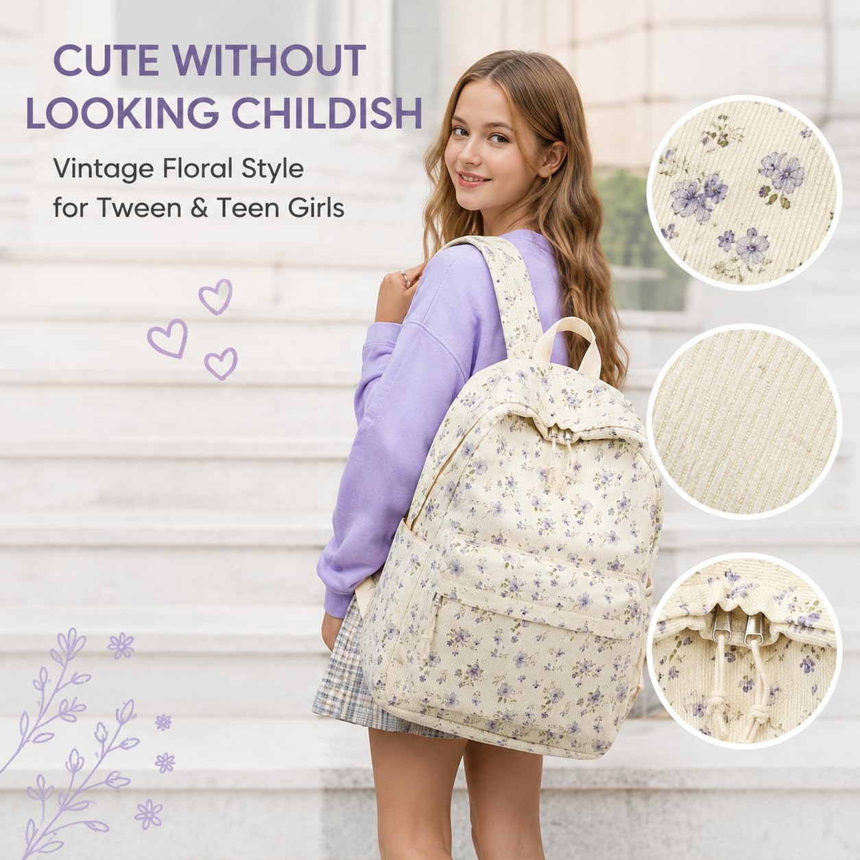 BTOOP Schulrucksack für Teenager, groß, aus Kord, Büchertasche, leicht, für Mädchen und Jungen, leger, High School College Rucksäcke, Grace Purple Flower, Medium, Tagesrucksäcke